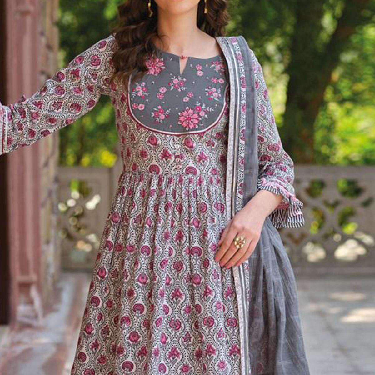 Grey Partywear Floral Printed Cotton Sharara Suit - Peachmode