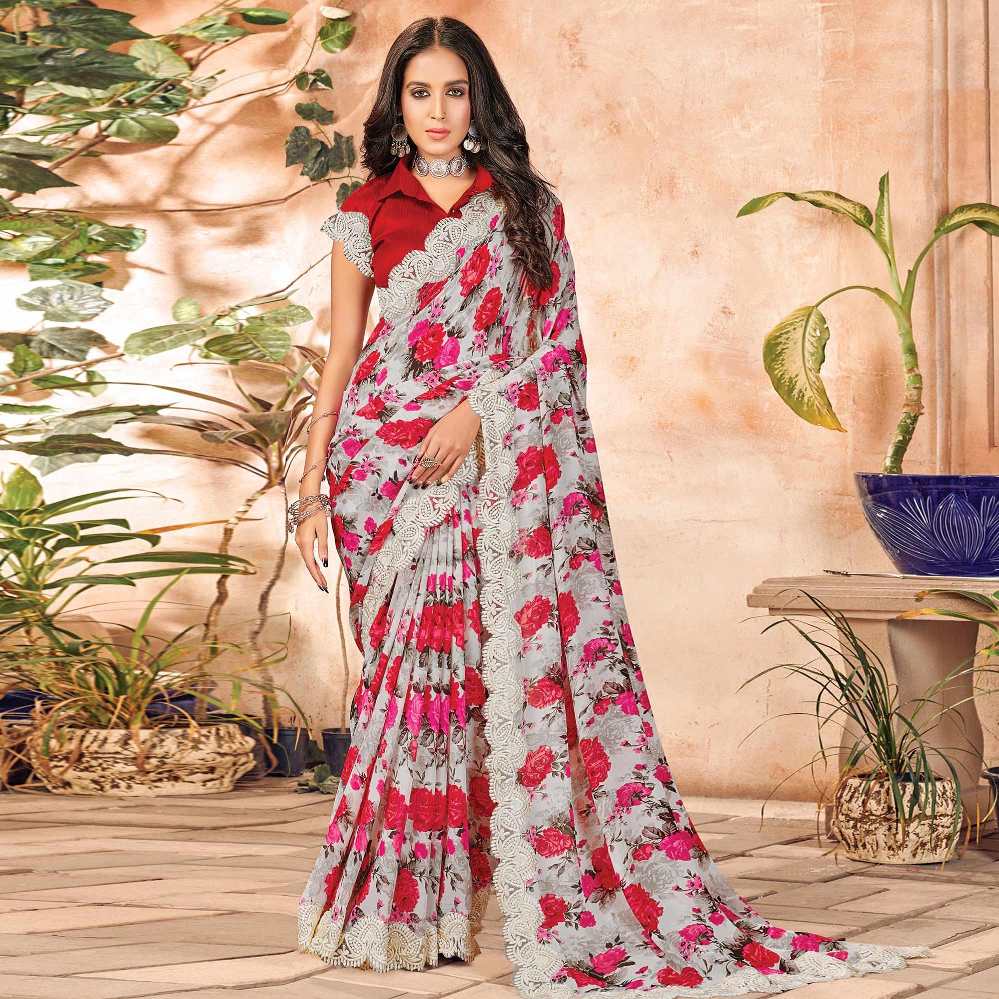 Grey  Partywear Floral Printed Georgette Saree Designer Lace - Peachmode