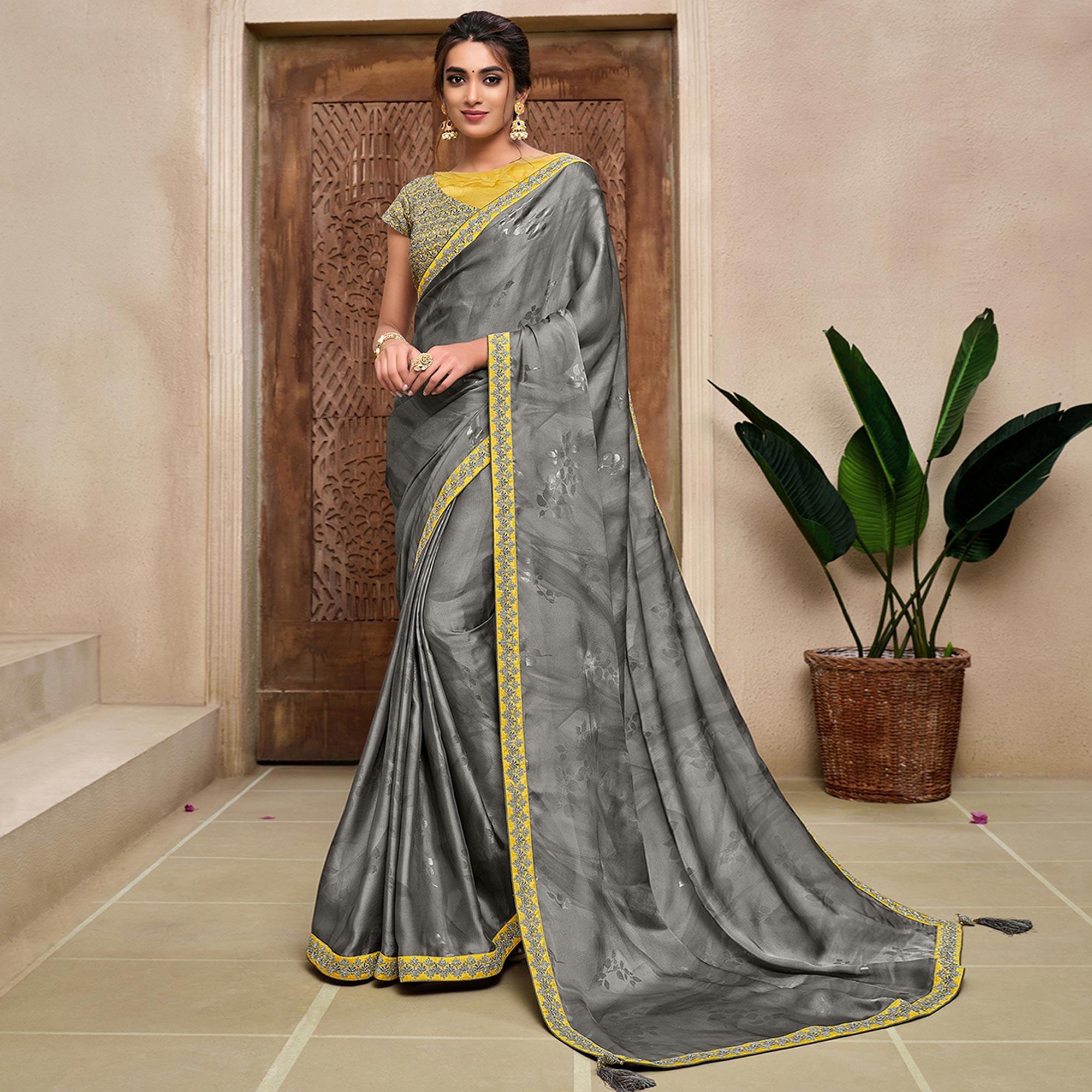 Grey Partywear Foil Printed & Resham Embroidered Satin Saree - Peachmode