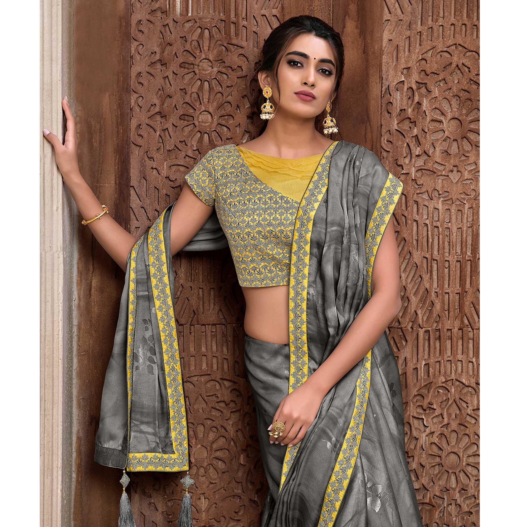 Grey Partywear Foil Printed & Resham Embroidered Satin Saree - Peachmode