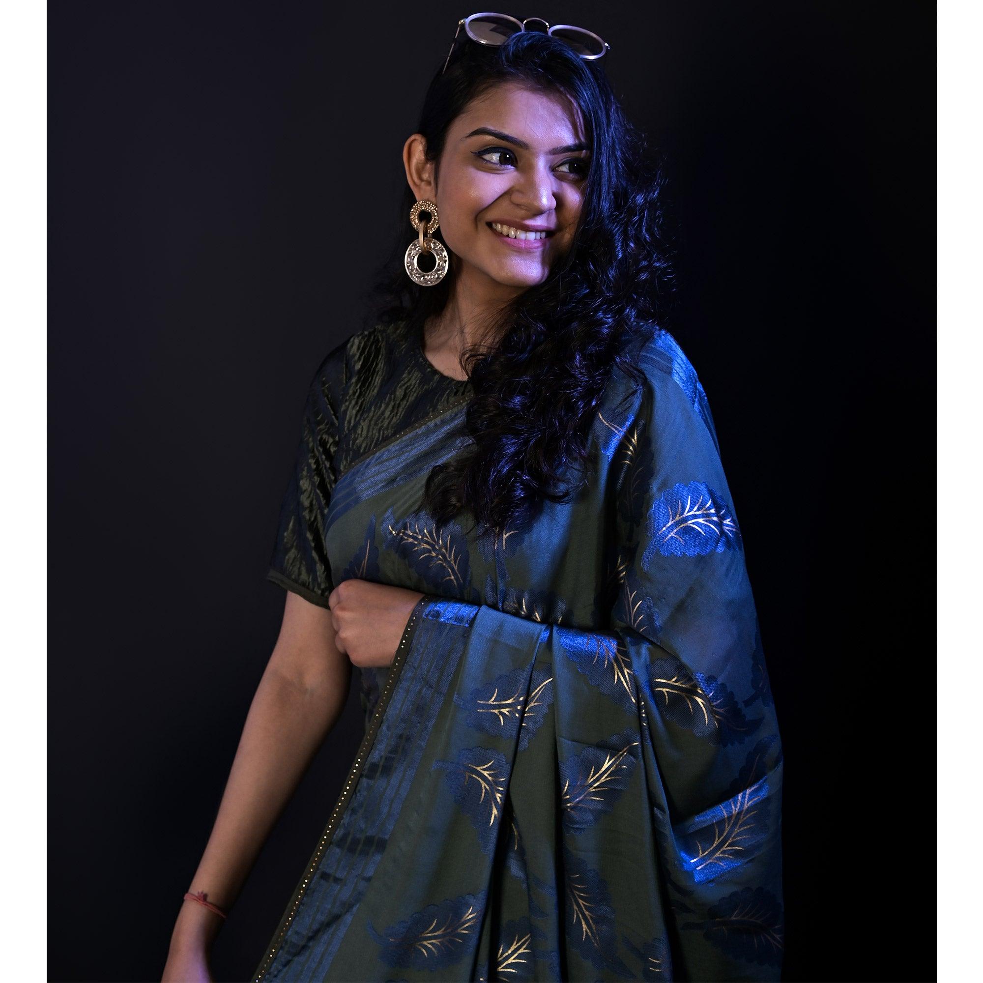 Grey Partywear Foil Printed Diamond Lace Brasso Saree - Peachmode