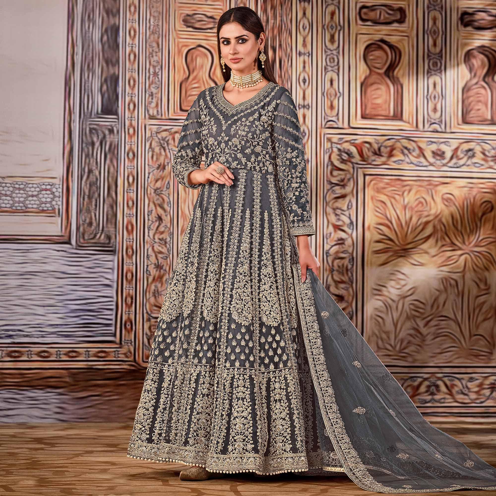 Grey Partywear Heavy Embroidered Net Anarkali Suit - Peachmode