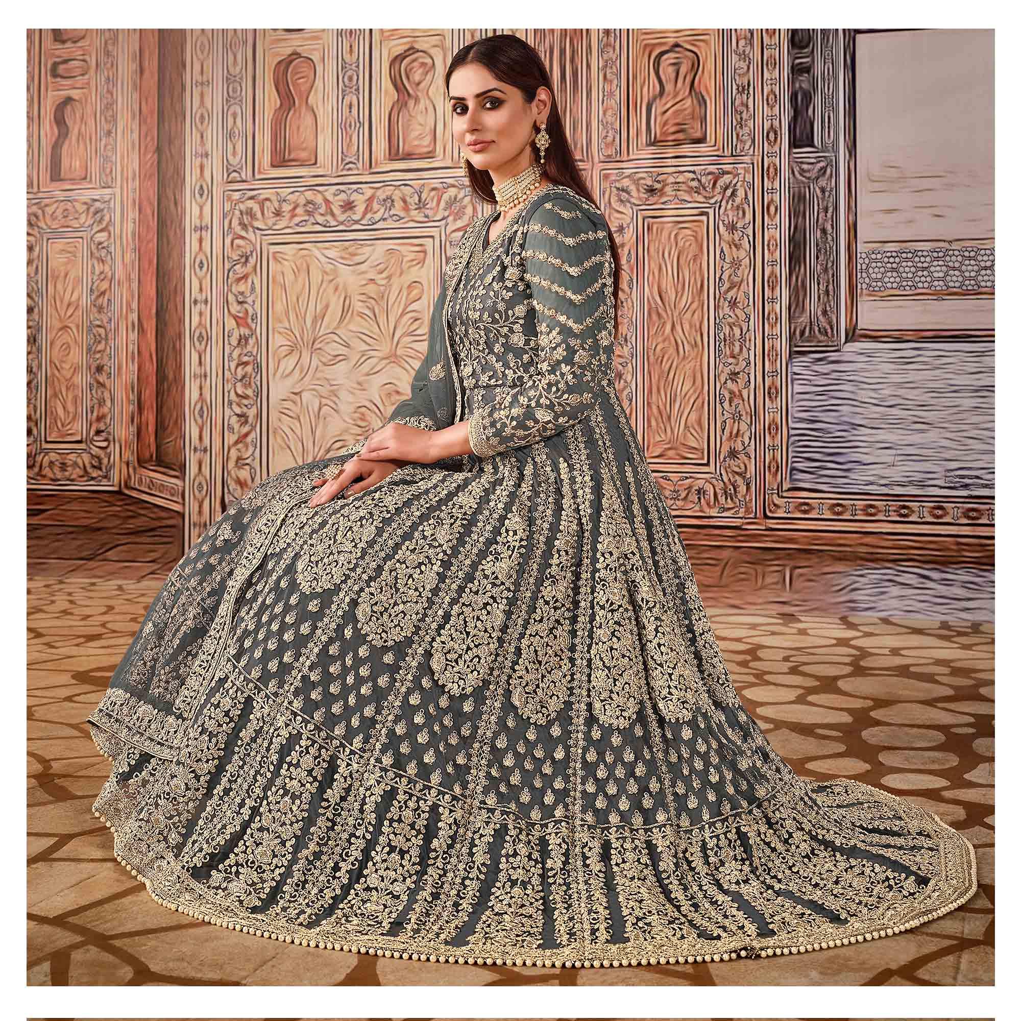 Grey Partywear Heavy Embroidered Net Anarkali Suit - Peachmode