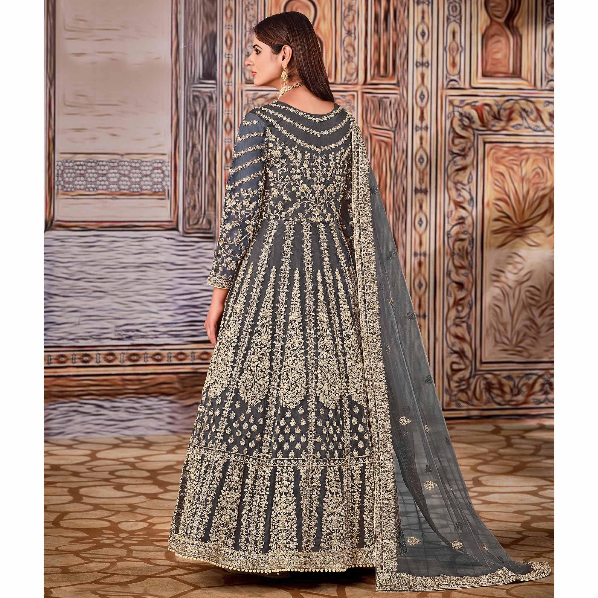 Grey Partywear Heavy Embroidered Net Anarkali Suit - Peachmode