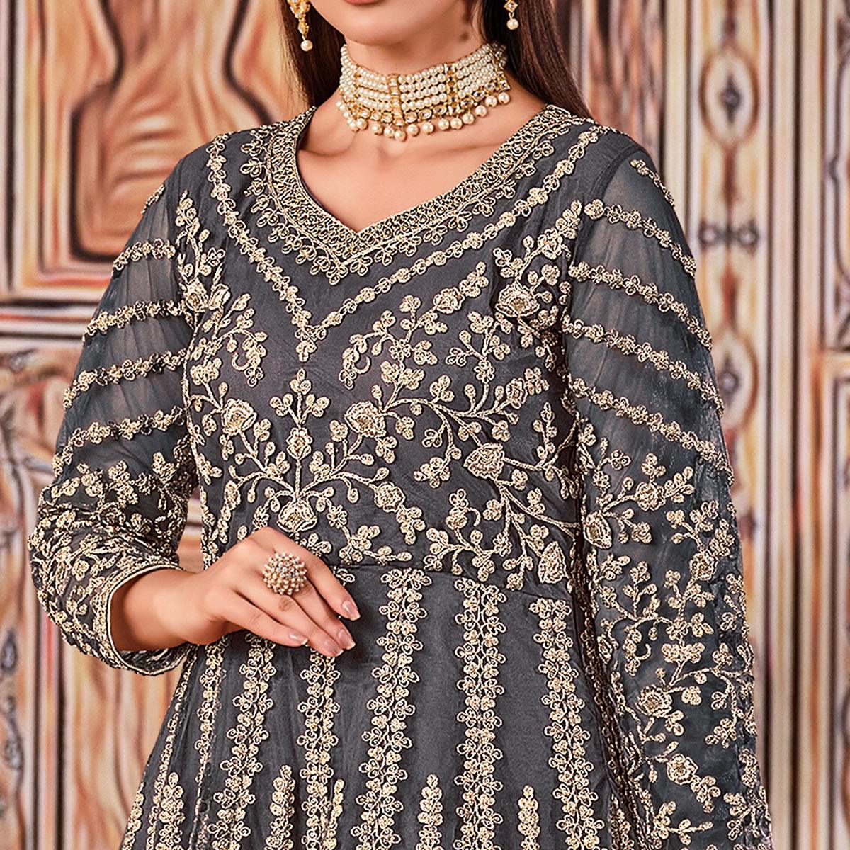 Grey Partywear Heavy Embroidered Net Anarkali Suit - Peachmode