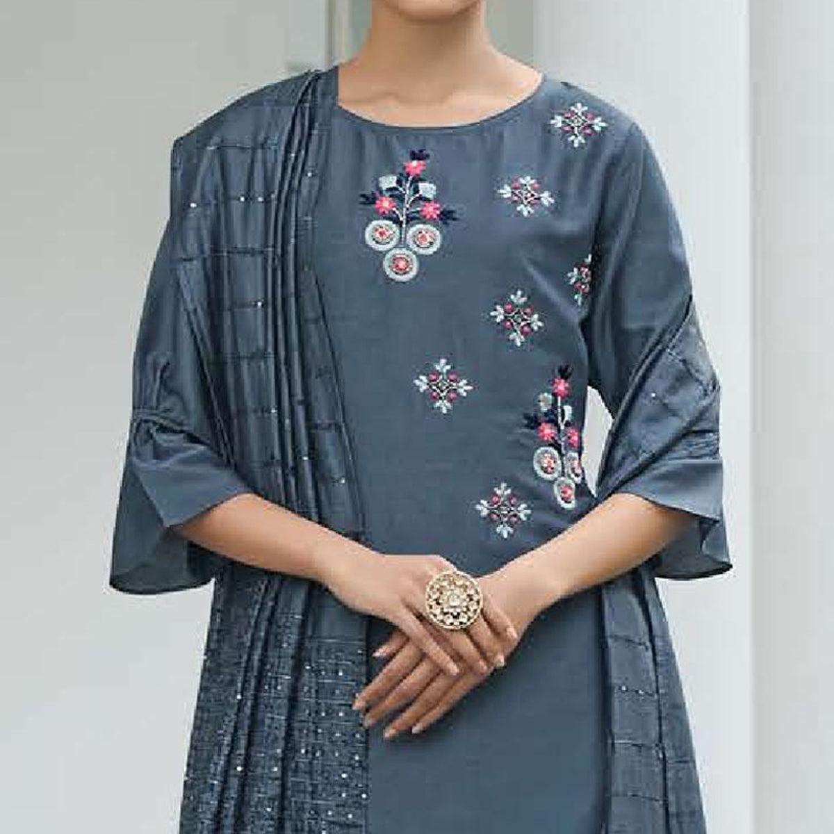 Grey Partywear Heavy Hand Work Bember Silk Suit - Peachmode