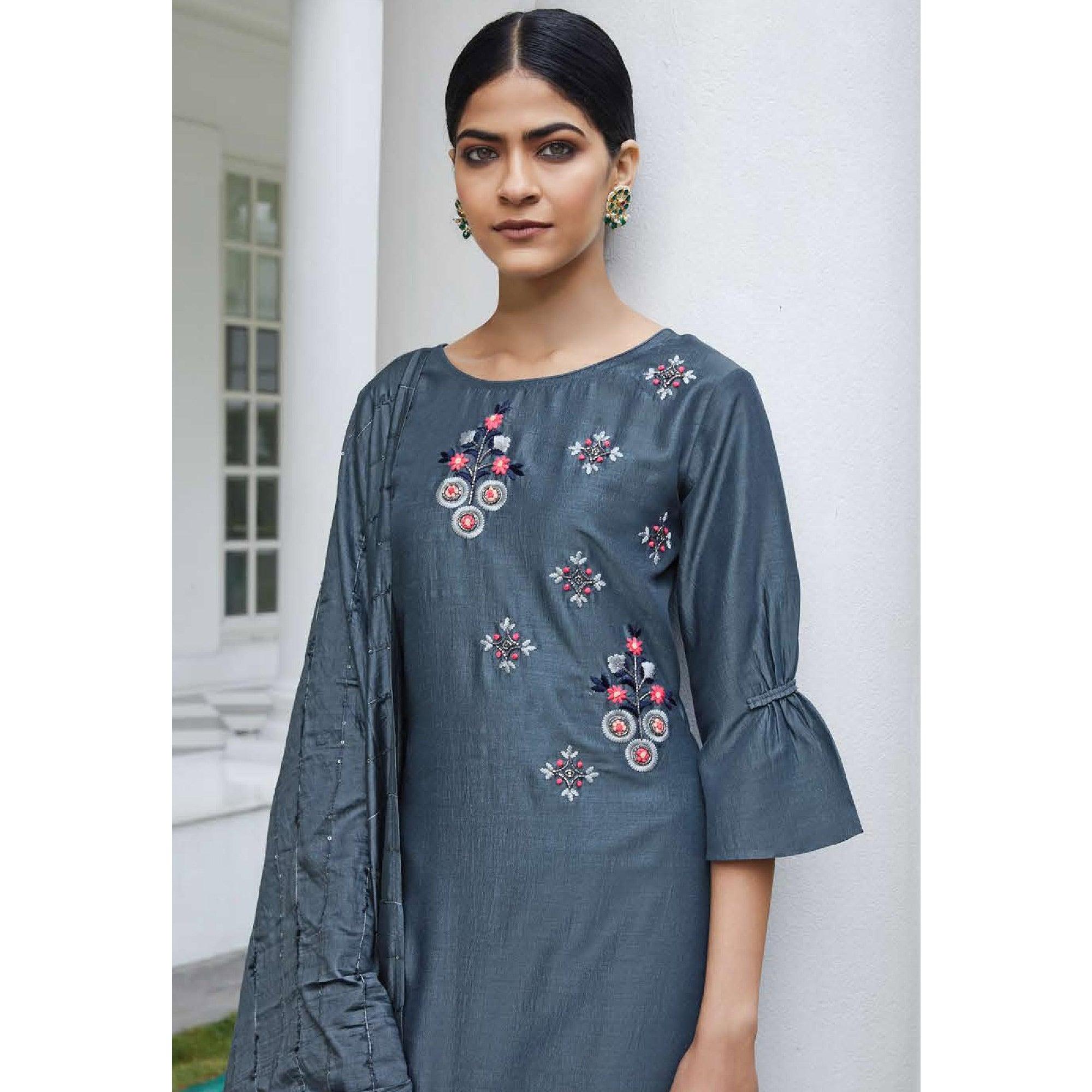 Grey Partywear Heavy Hand Work Bember Silk Suit - Peachmode