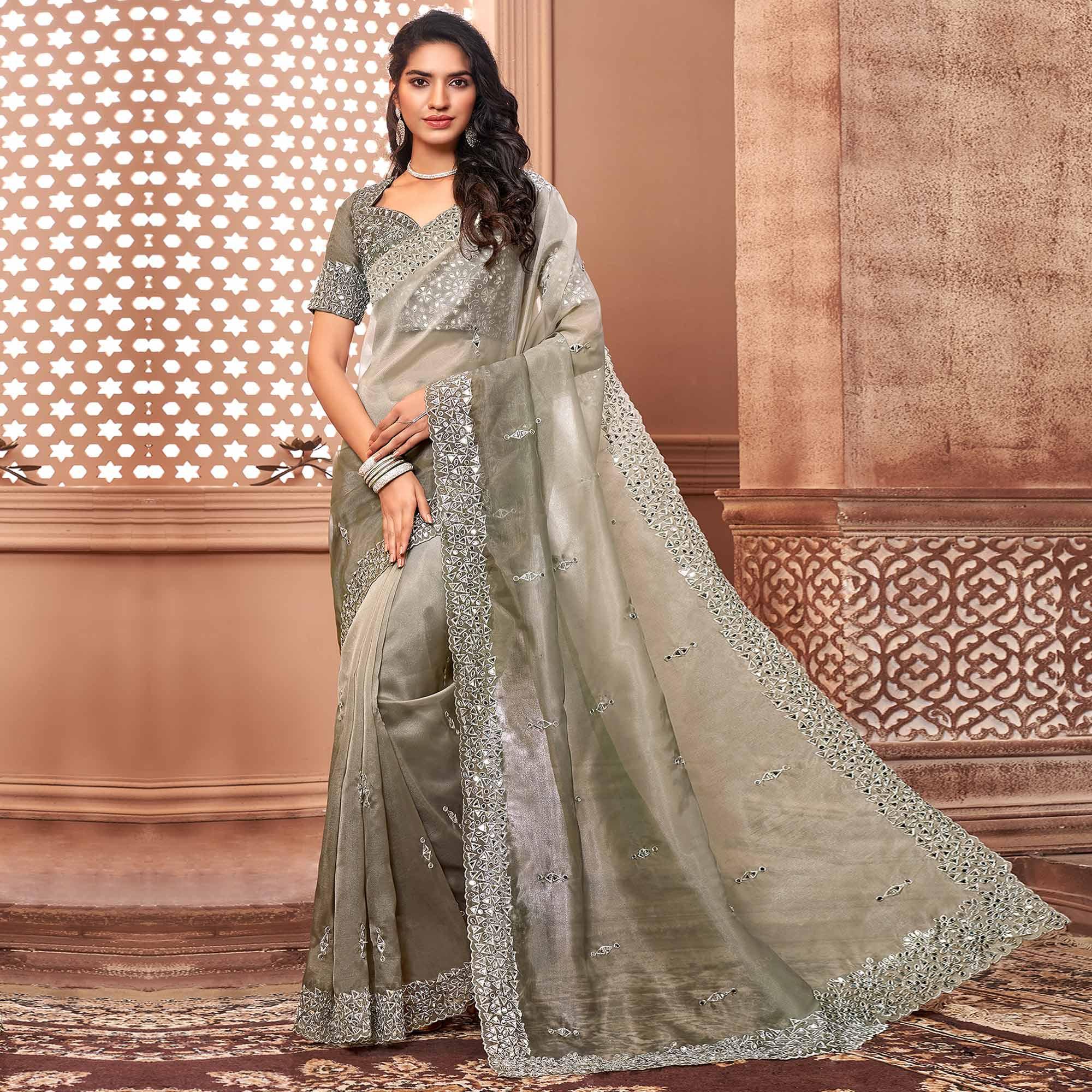 Grey Partywear Mirror Work Embroidered Organza Saree - Peachmode