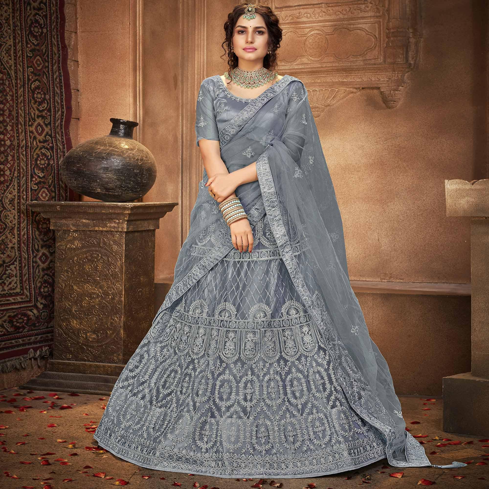 Grey Partywear Multi Sequence Embroidered Net Lehenga Choli - Peachmode