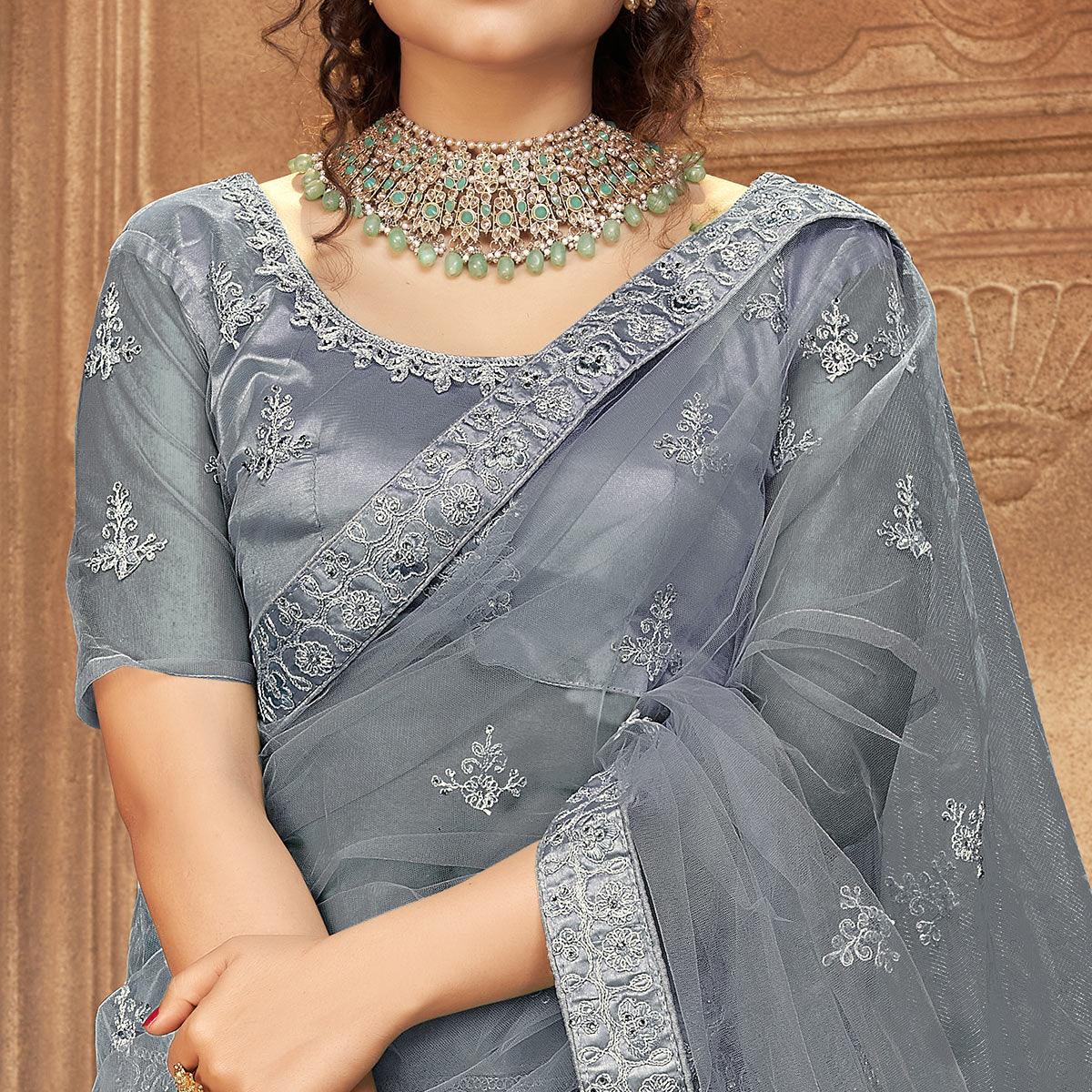 Grey Partywear Multi Sequence Embroidered Net Lehenga Choli - Peachmode