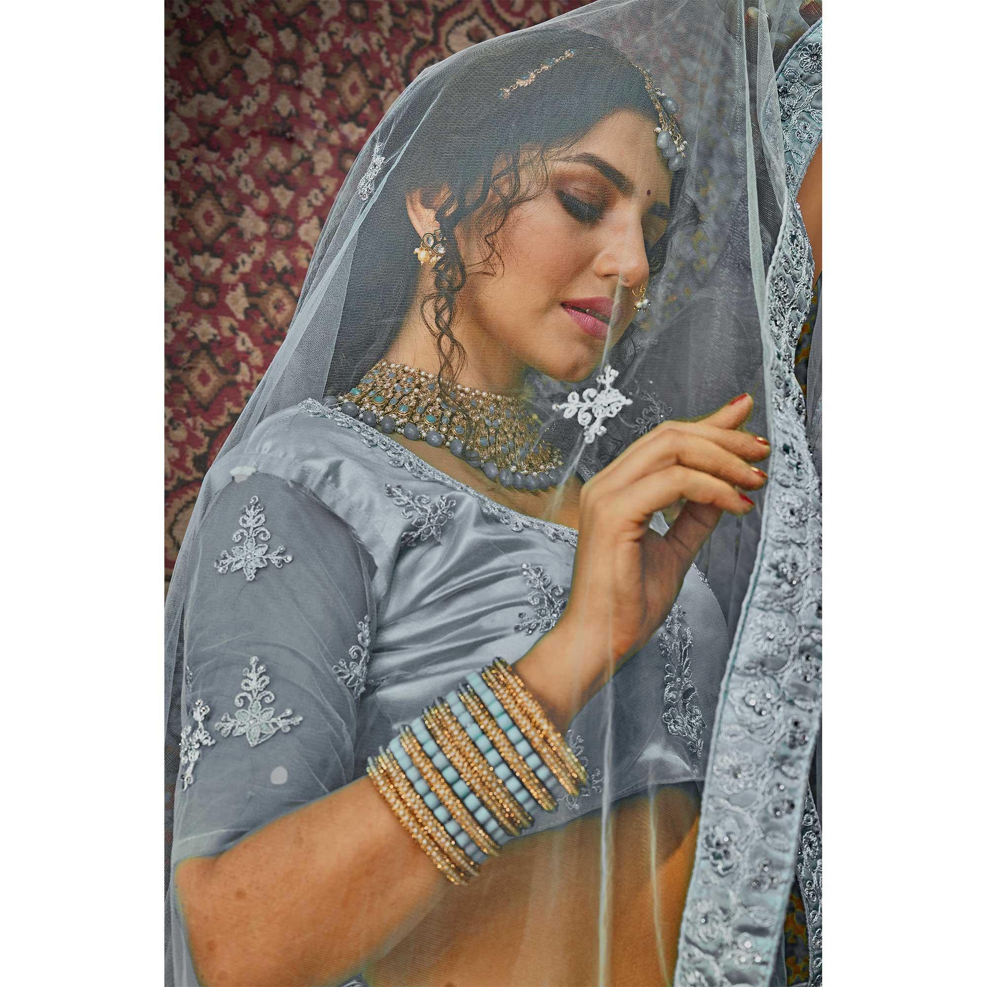 Grey Partywear Multi Sequence Embroidered Net Lehenga Choli - Peachmode