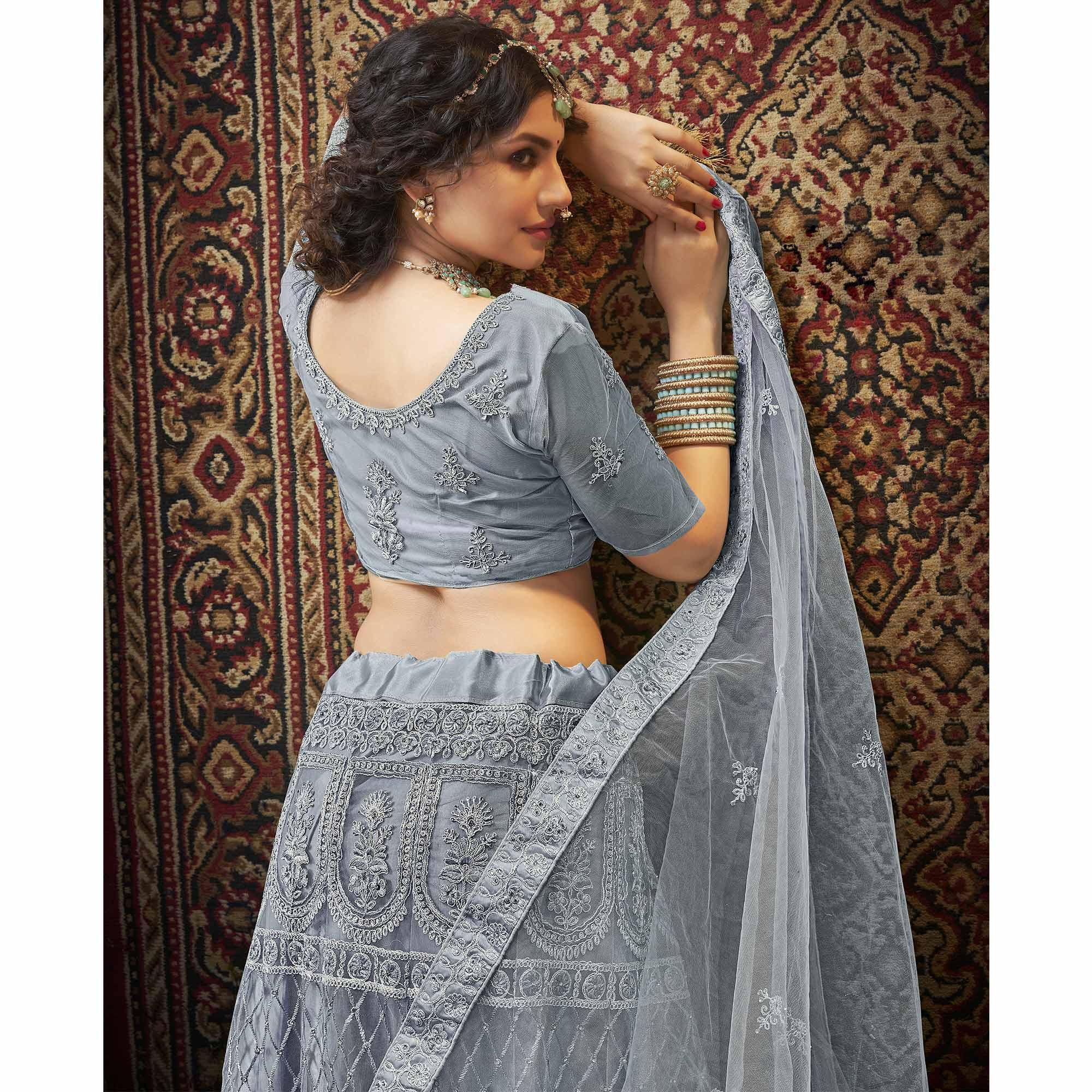 Grey Partywear Multi Sequence Embroidered Net Lehenga Choli - Peachmode