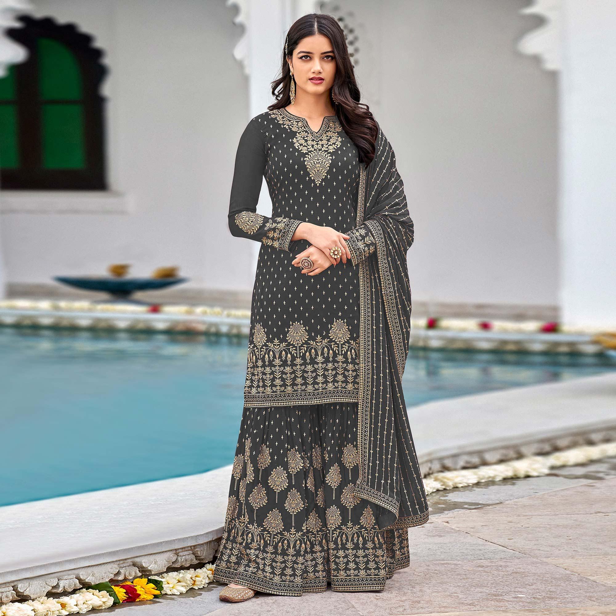 Grey Partywear Sequence & Embroidered Faux Georgette Salwar Suit - Peachmode