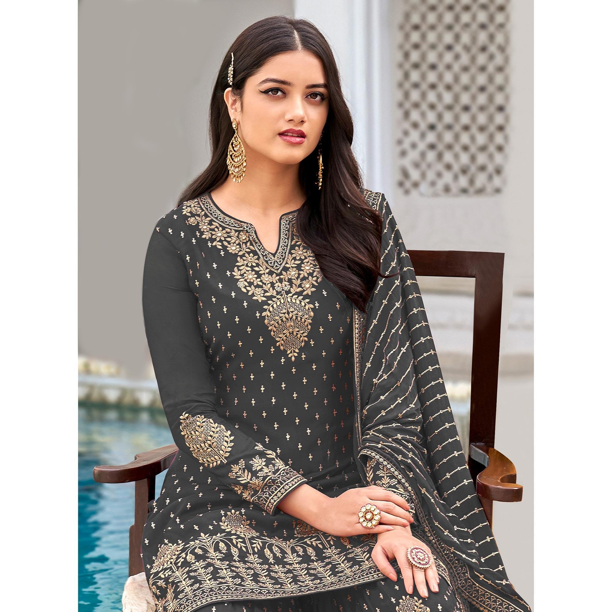 Grey Partywear Sequence & Embroidered Faux Georgette Salwar Suit - Peachmode