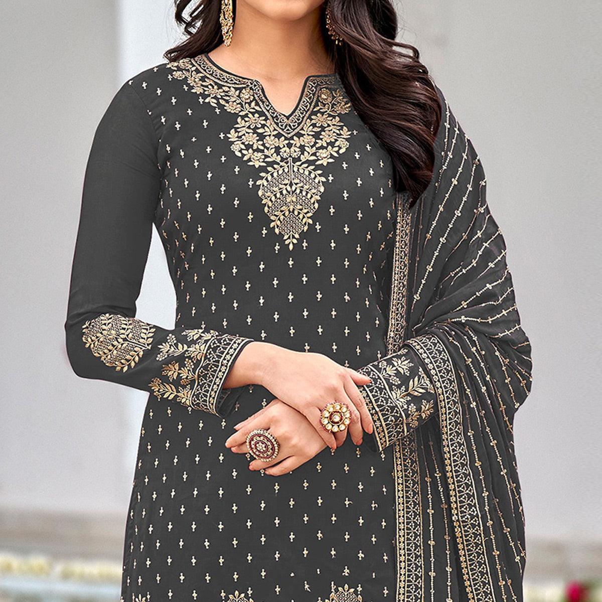 Grey Partywear Sequence & Embroidered Faux Georgette Salwar Suit - Peachmode