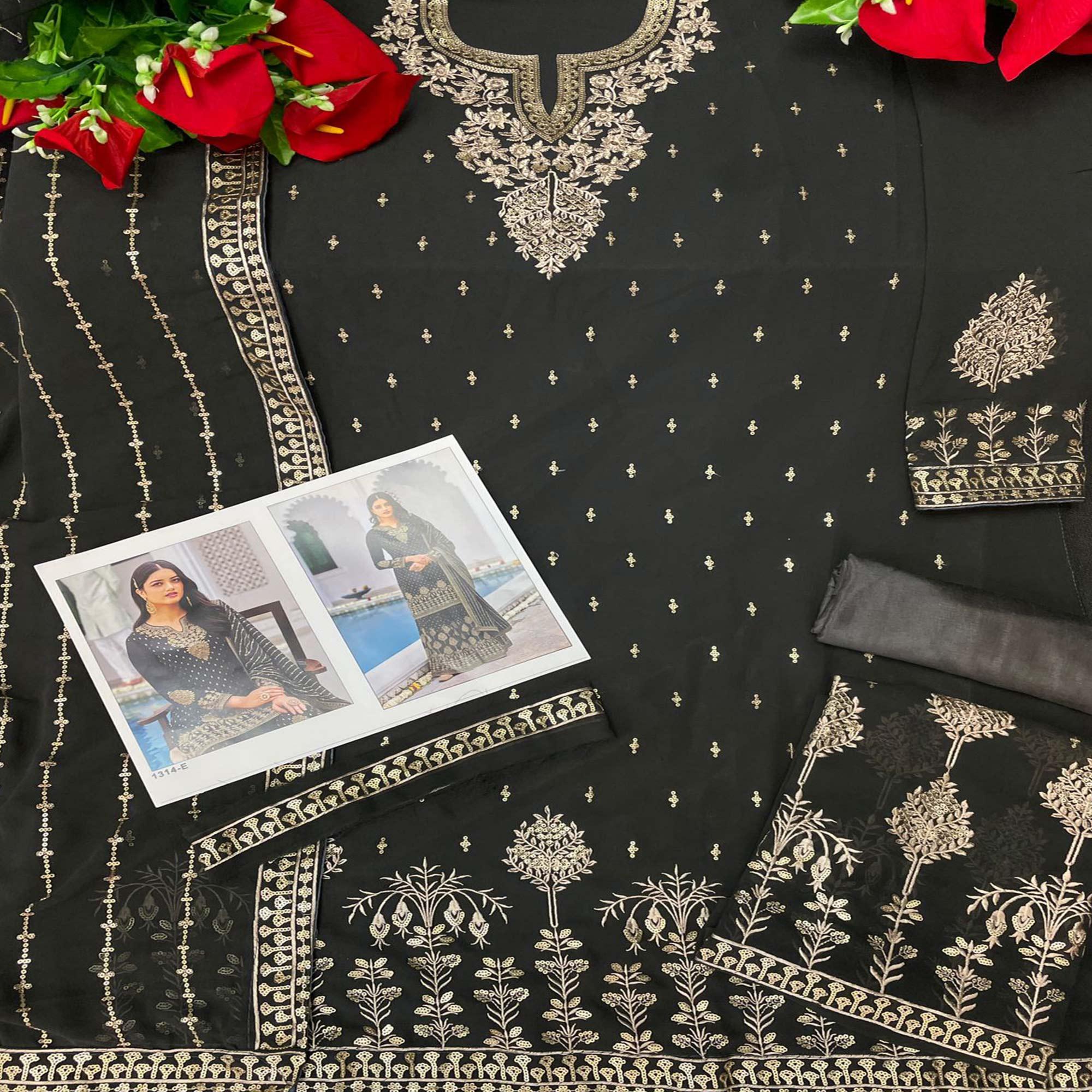 Grey Partywear Sequence & Embroidered Faux Georgette Salwar Suit - Peachmode