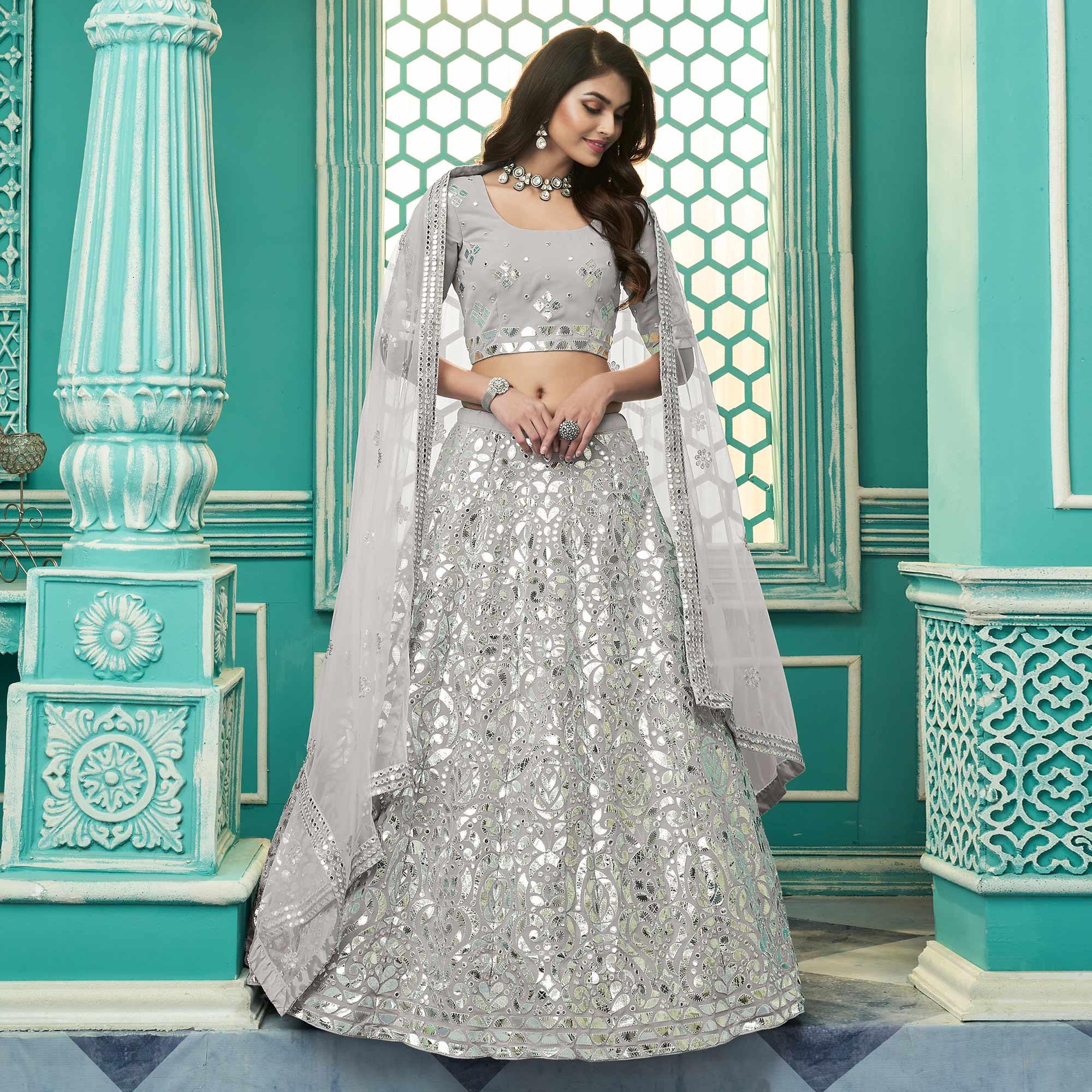 Grey Partywear Sequence Embroidered Georgette Lehenga Choli - Peachmode