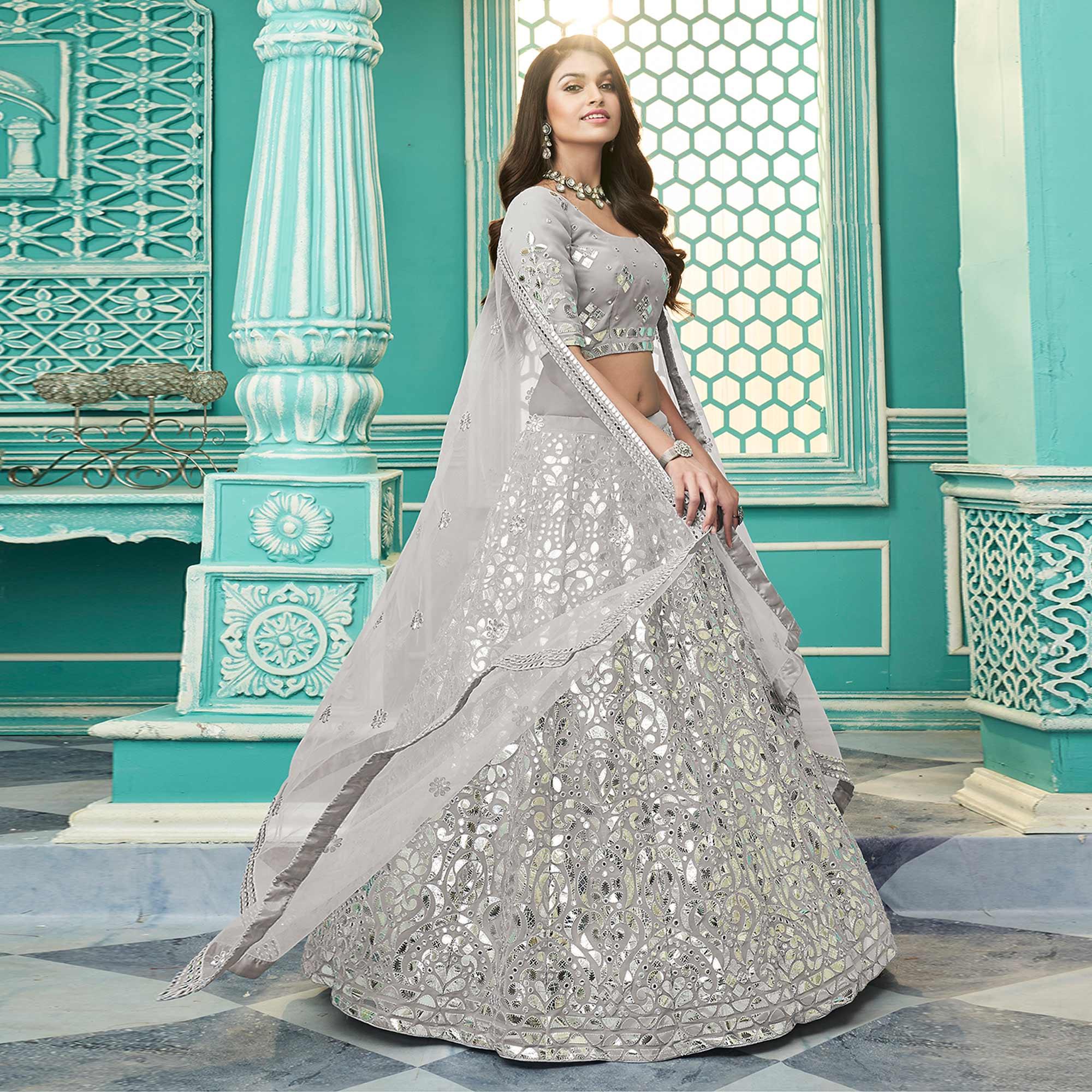 Grey Partywear Sequence Embroidered Georgette Lehenga Choli - Peachmode