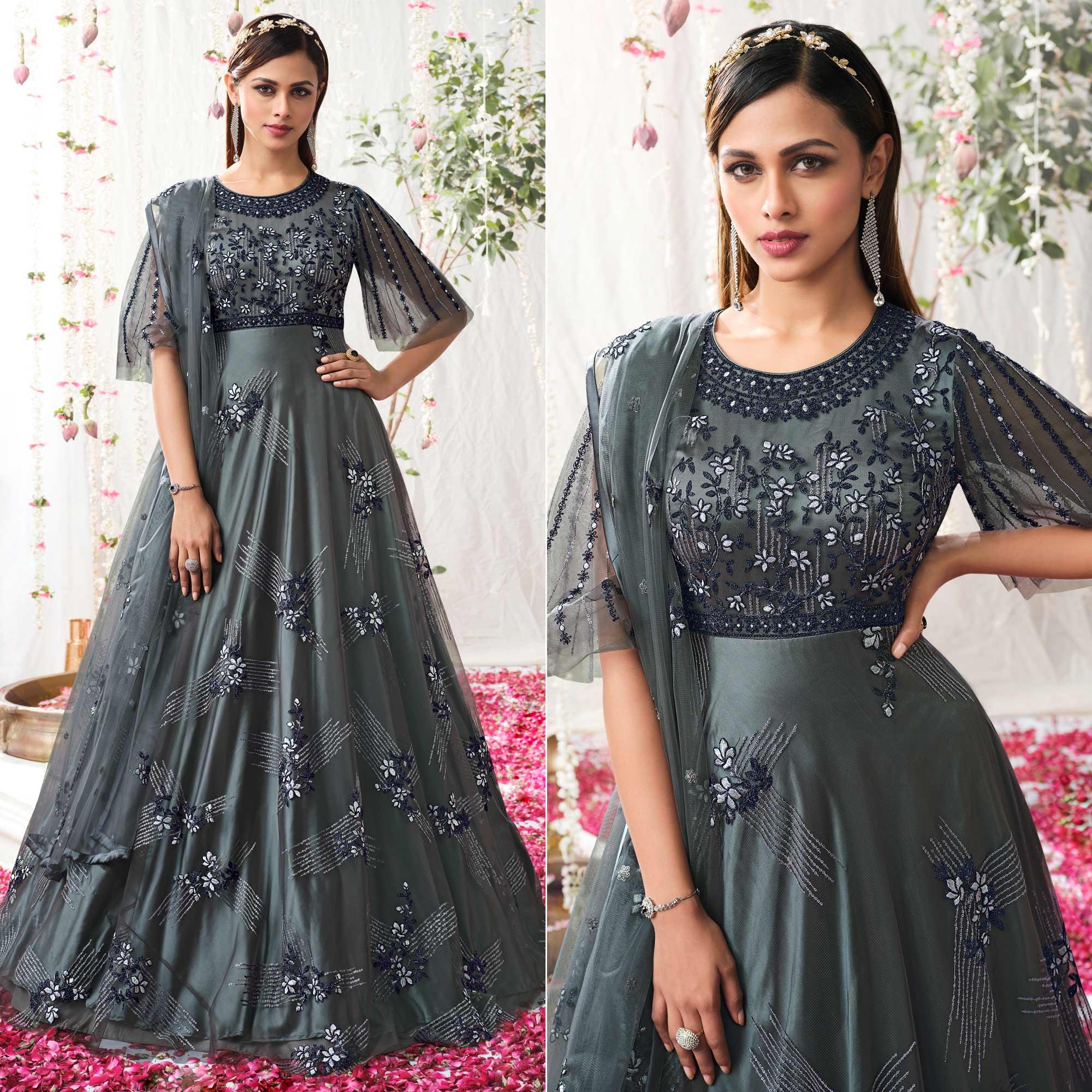 Grey Partywear Sequence Embroidered Net Gown - Peachmode