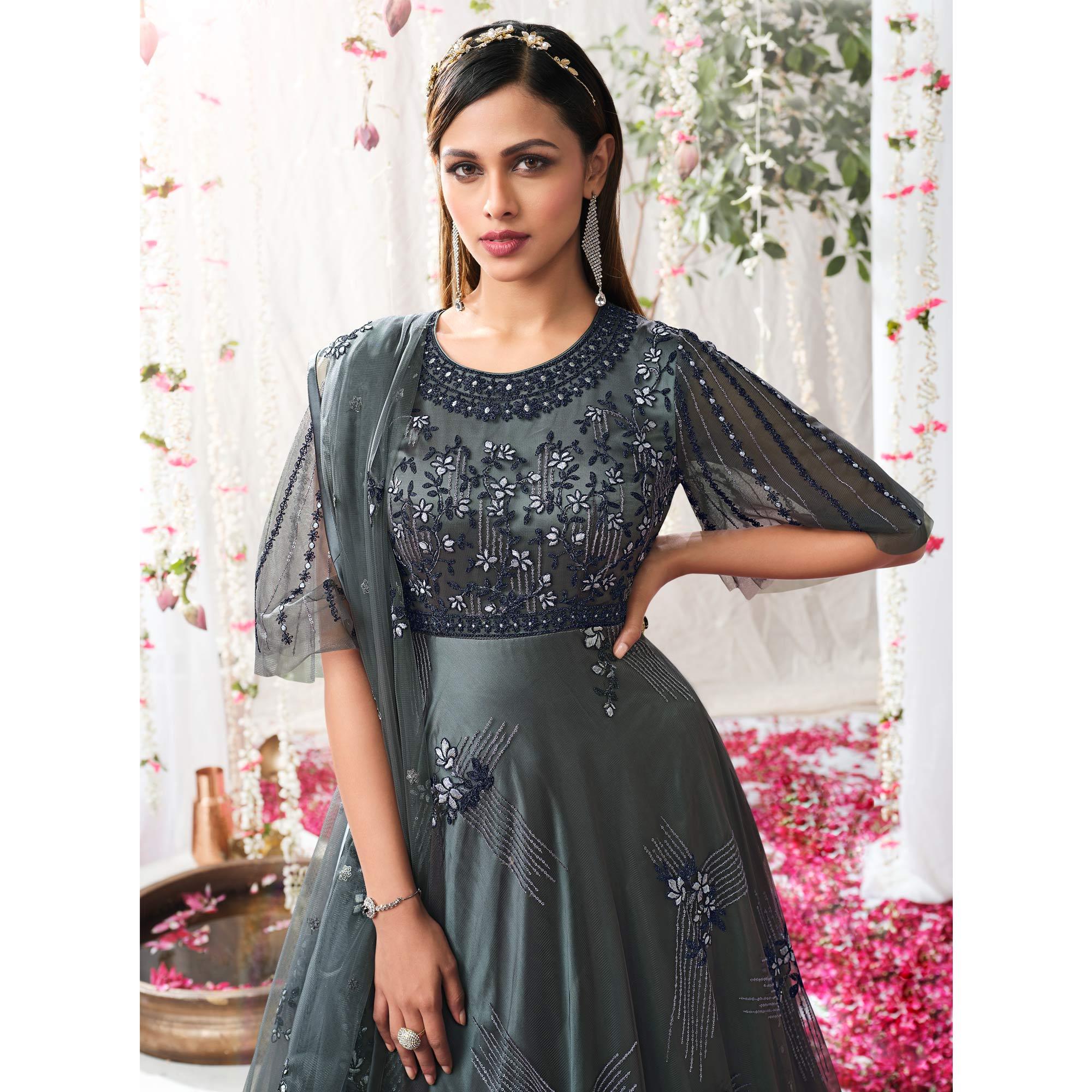 Grey Partywear Sequence Embroidered Net Gown - Peachmode