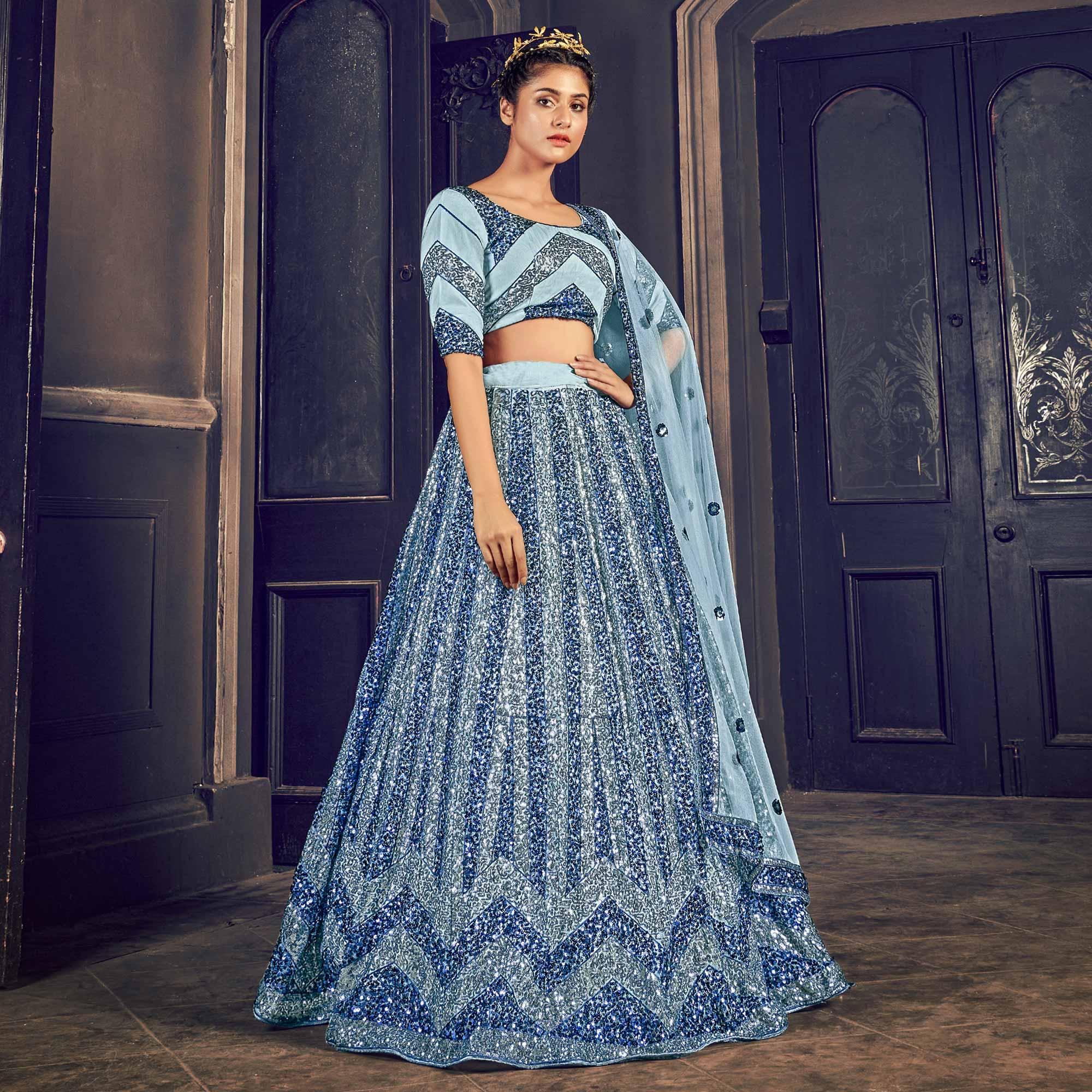 Grey Partywear Sequence Embroidered Net Lehenga Choli - Peachmode