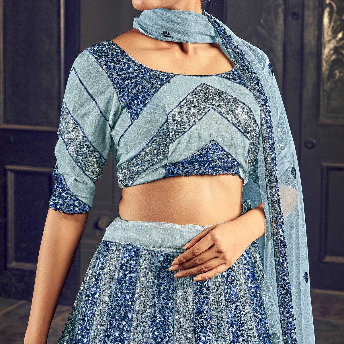 Grey Partywear Sequence Embroidered Net Lehenga Choli - Peachmode