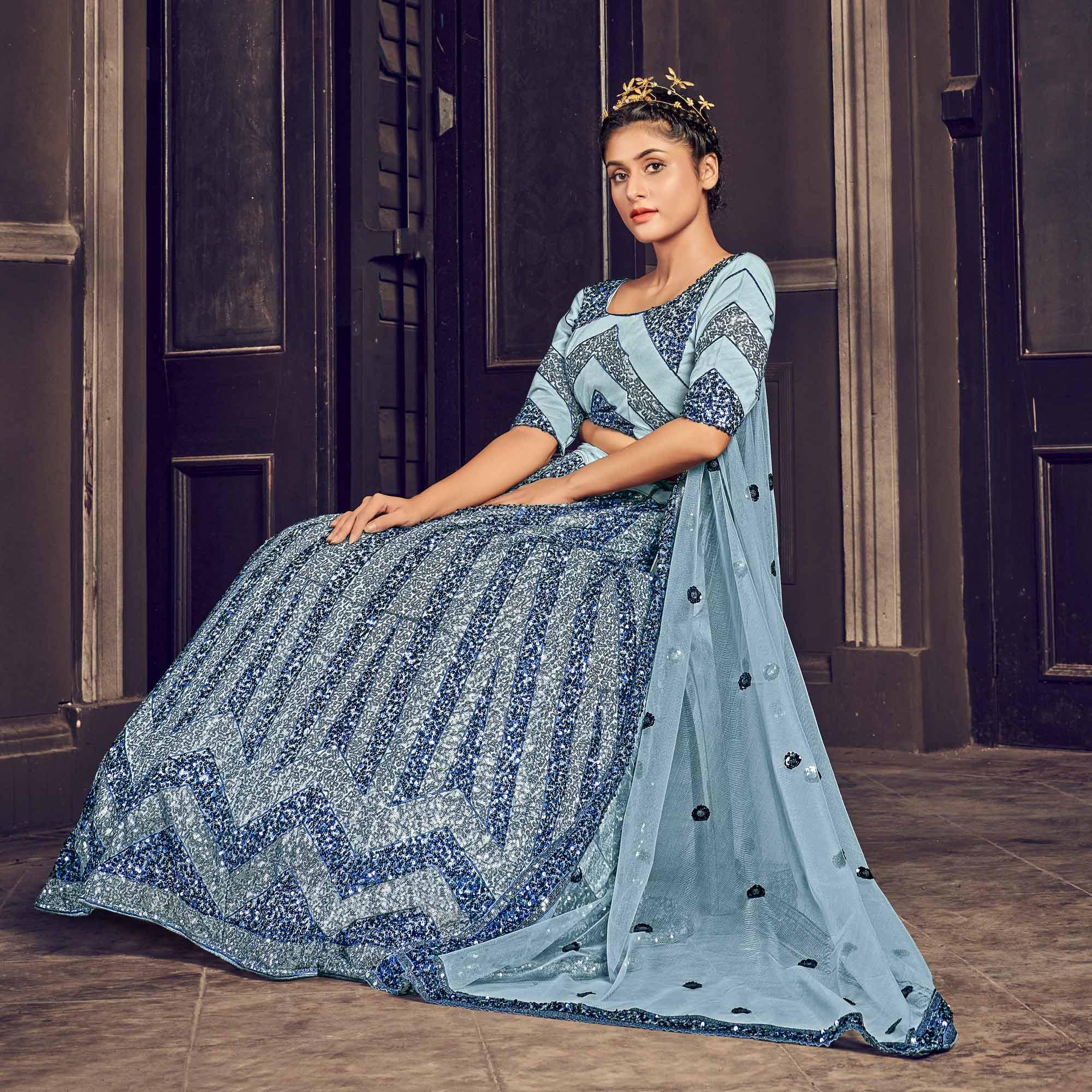 Grey Partywear Sequence Embroidered Net Lehenga Choli - Peachmode