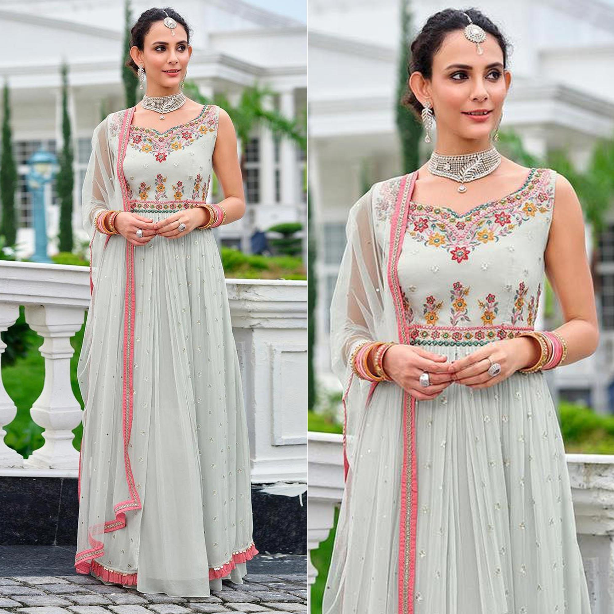 Grey Partywear Sequence Embroidered Pure Viscose Anarkali Suit - Peachmode