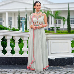 Grey Partywear Sequence Embroidered Pure Viscose Anarkali Suit - Peachmode