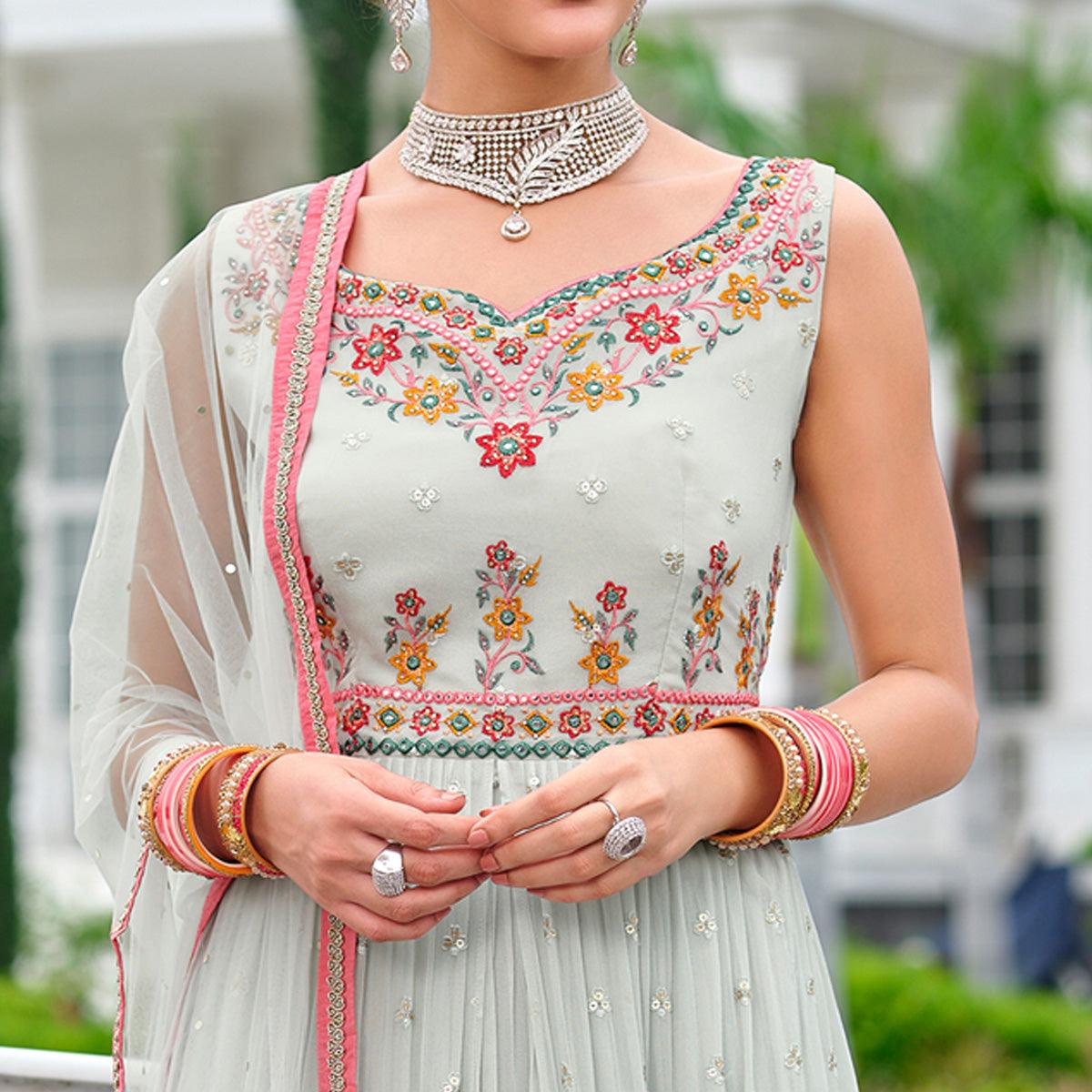Grey Partywear Sequence Embroidered Pure Viscose Anarkali Suit - Peachmode