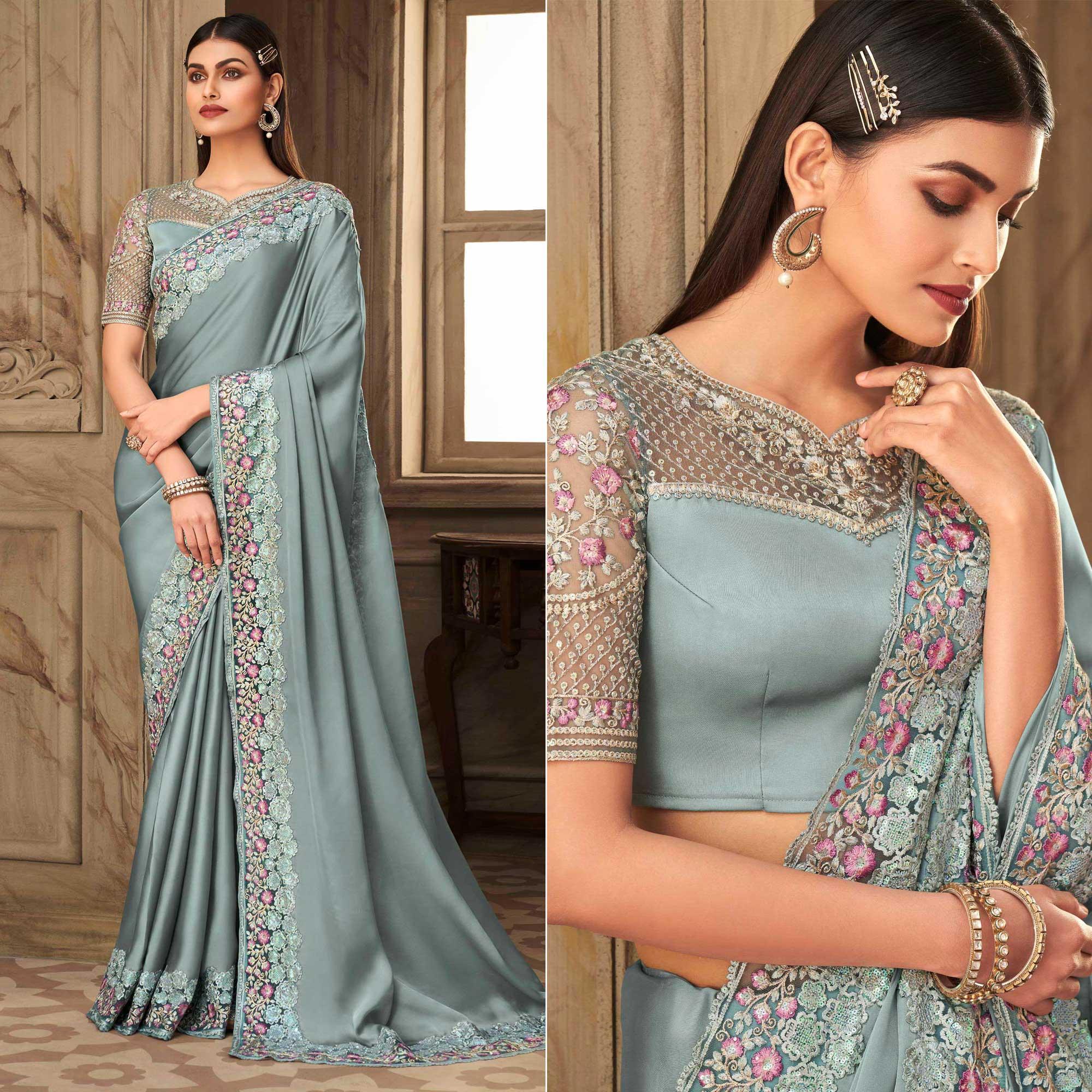 Grey Partywear Sequence Embroidered  Silk Saree - Peachmode