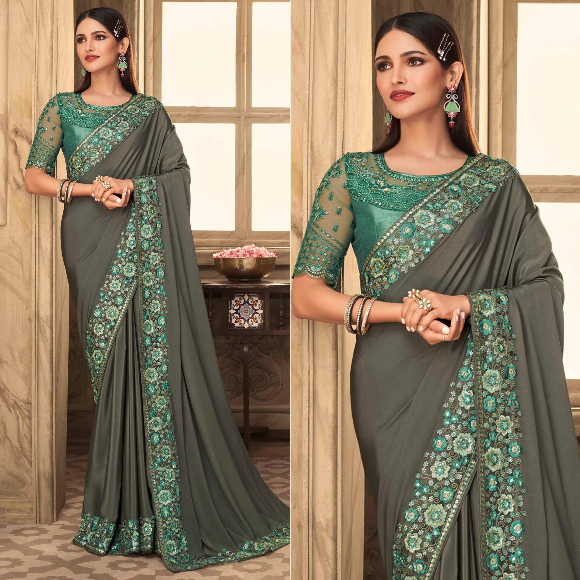 Grey Partywear Sequence Embroidered  Silk Saree - Peachmode