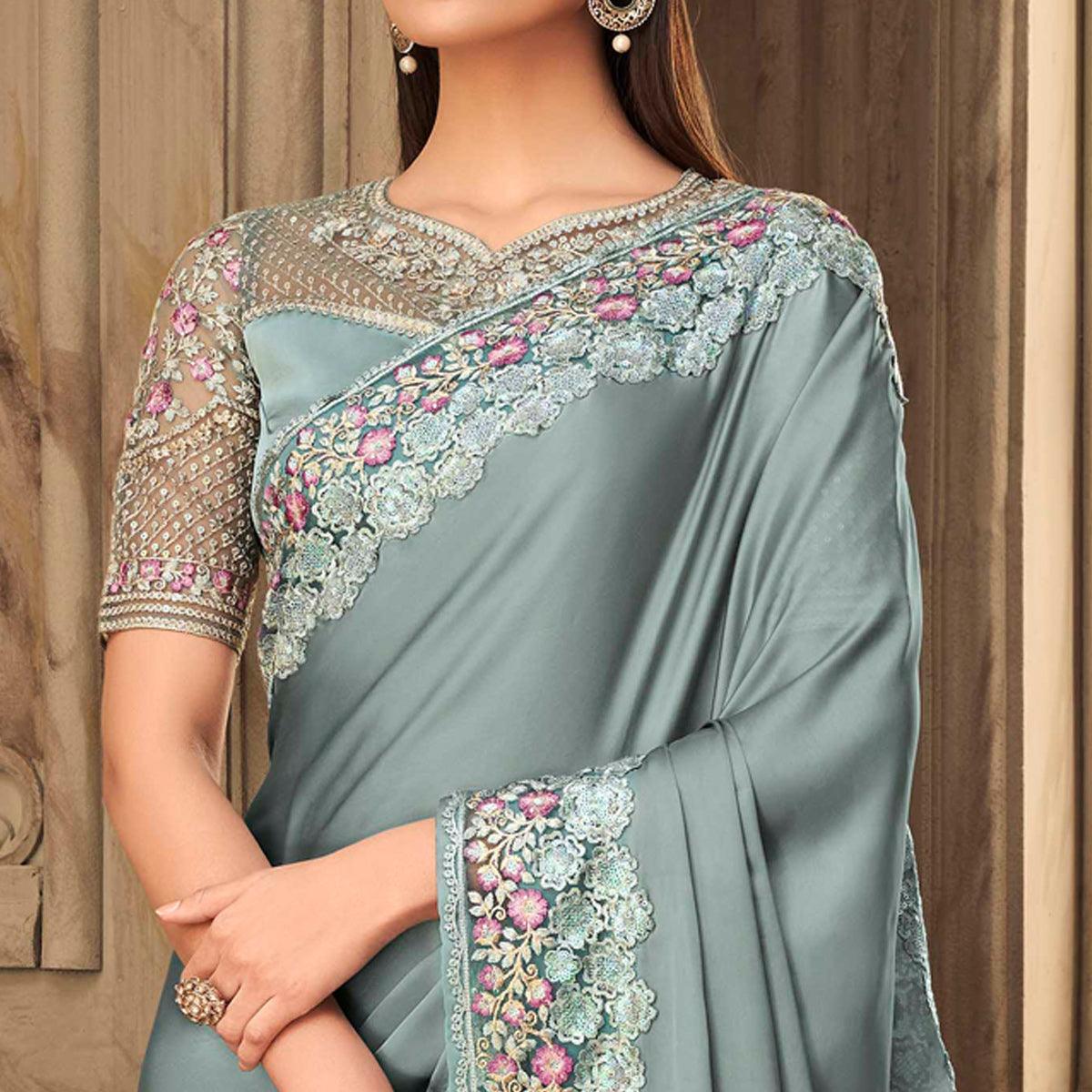 Grey Partywear Sequence Embroidered  Silk Saree - Peachmode