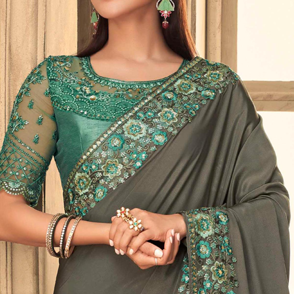 Grey Partywear Sequence Embroidered  Silk Saree - Peachmode