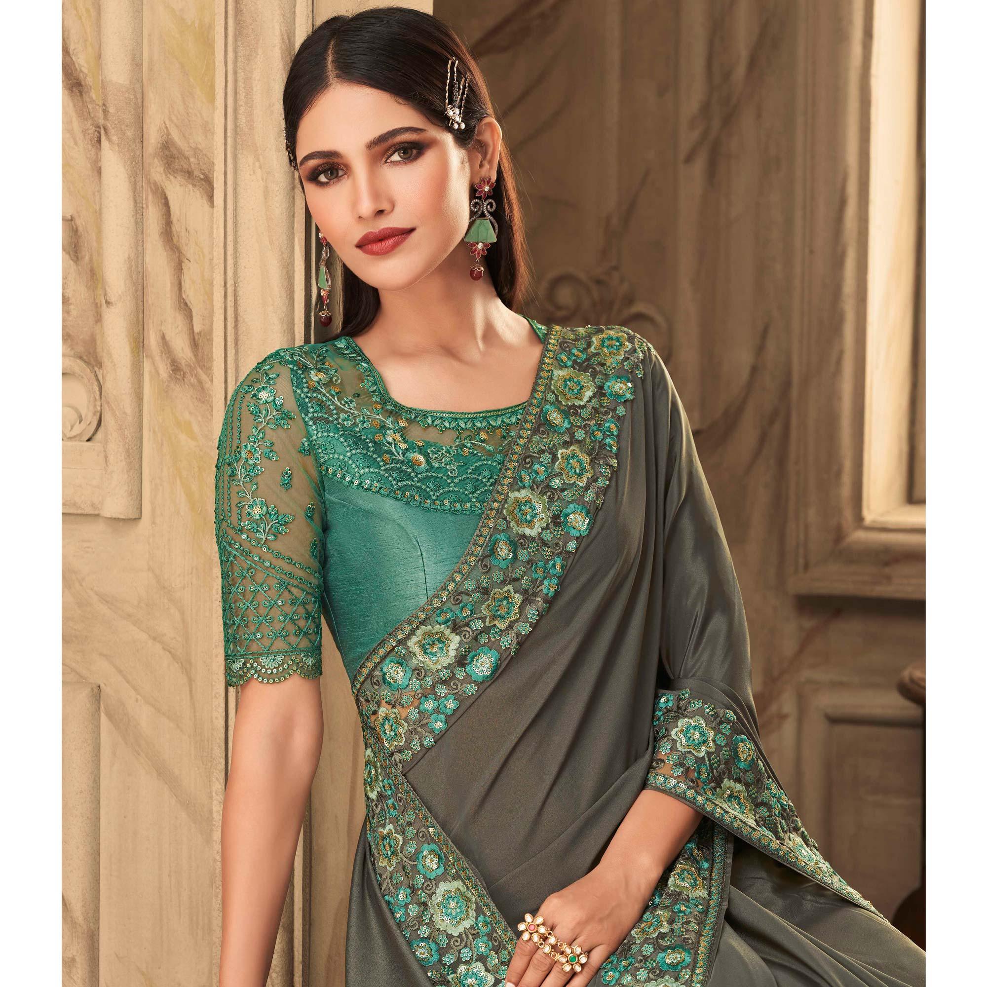 Grey Partywear Sequence Embroidered  Silk Saree - Peachmode