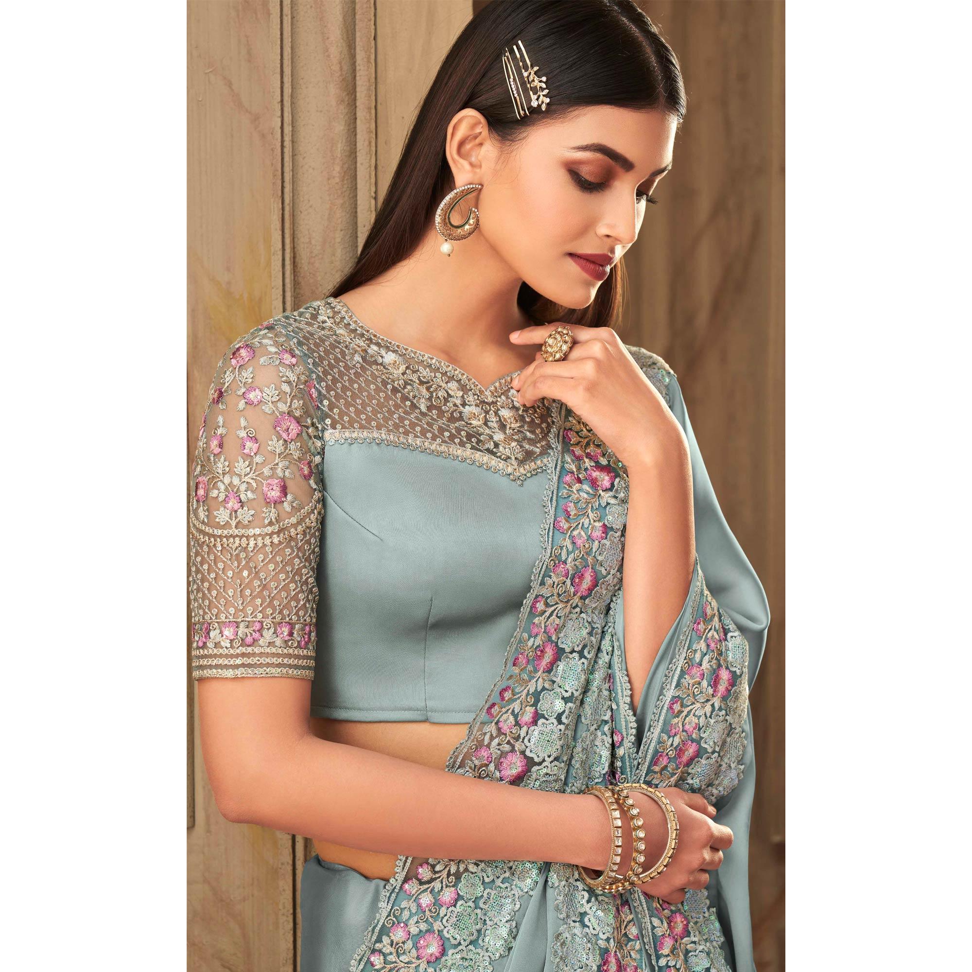 Grey Partywear Sequence Embroidered  Silk Saree - Peachmode
