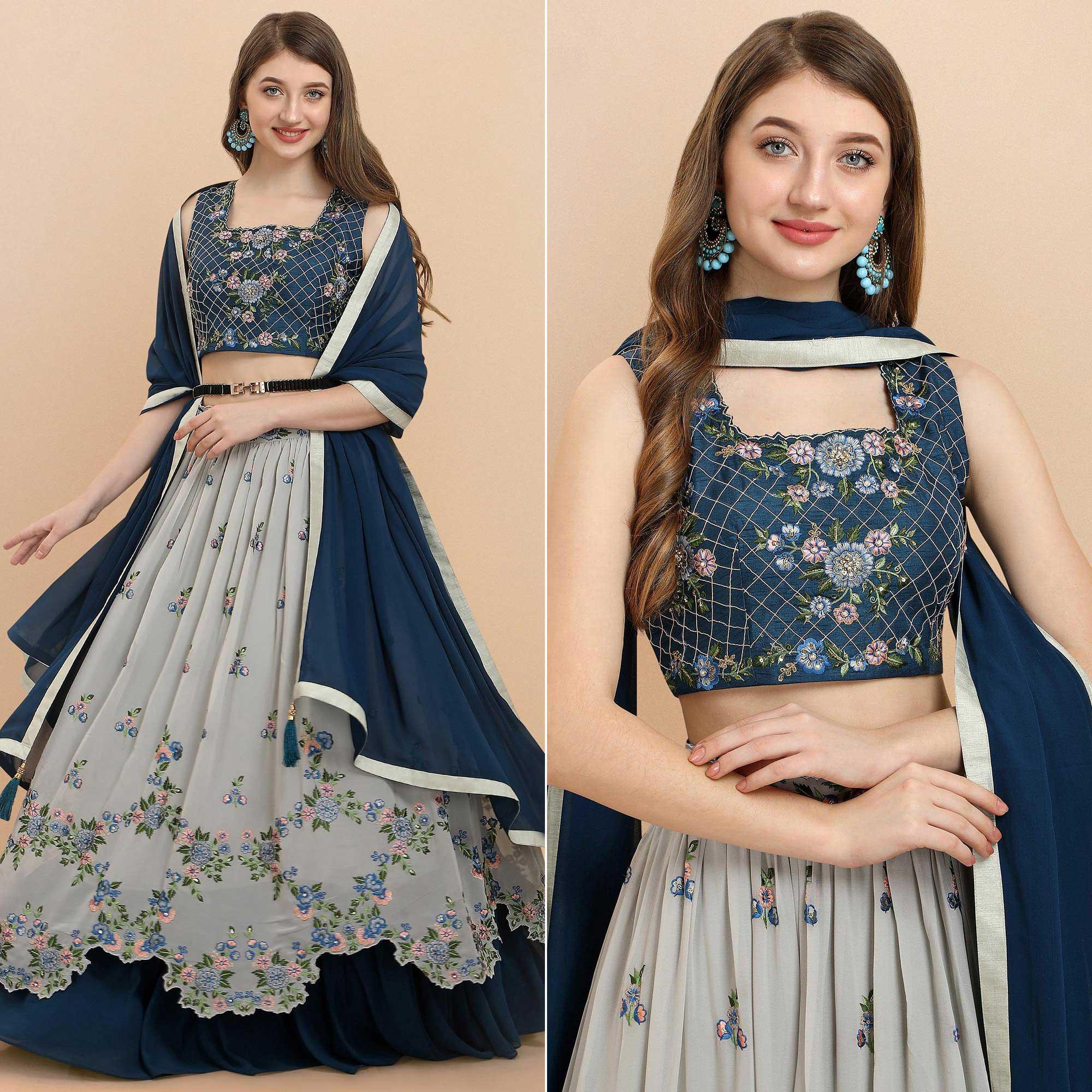Grey Partywear Sequence Floral Embroidered Georgette Lehenga Choli - Peachmode