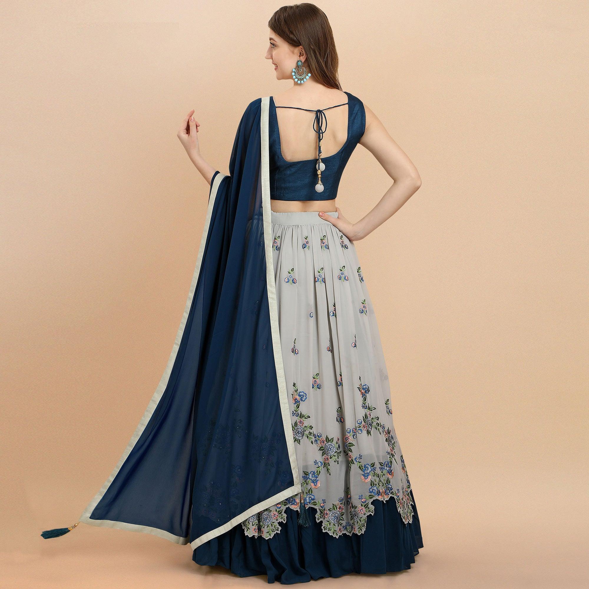 Grey Partywear Sequence Floral Embroidered Georgette Lehenga Choli - Peachmode