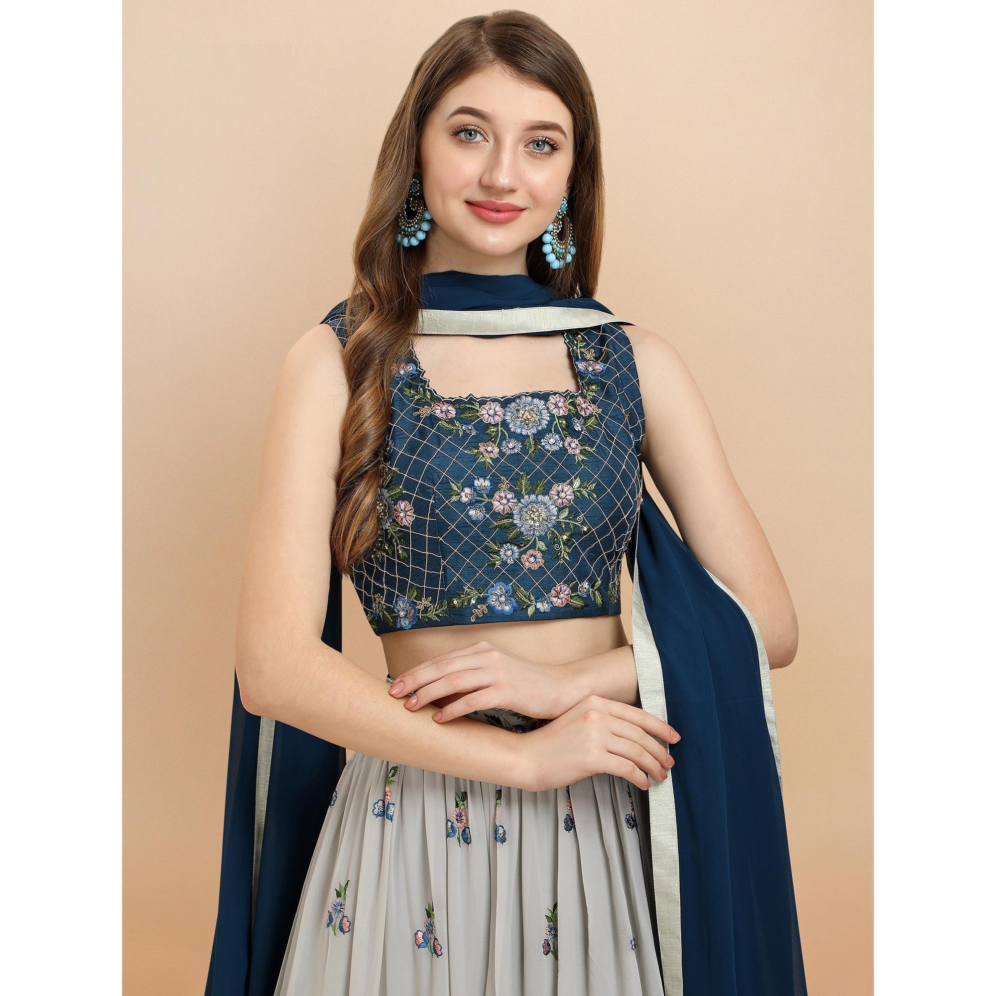 Grey Partywear Sequence Floral Embroidered Georgette Lehenga Choli - Peachmode