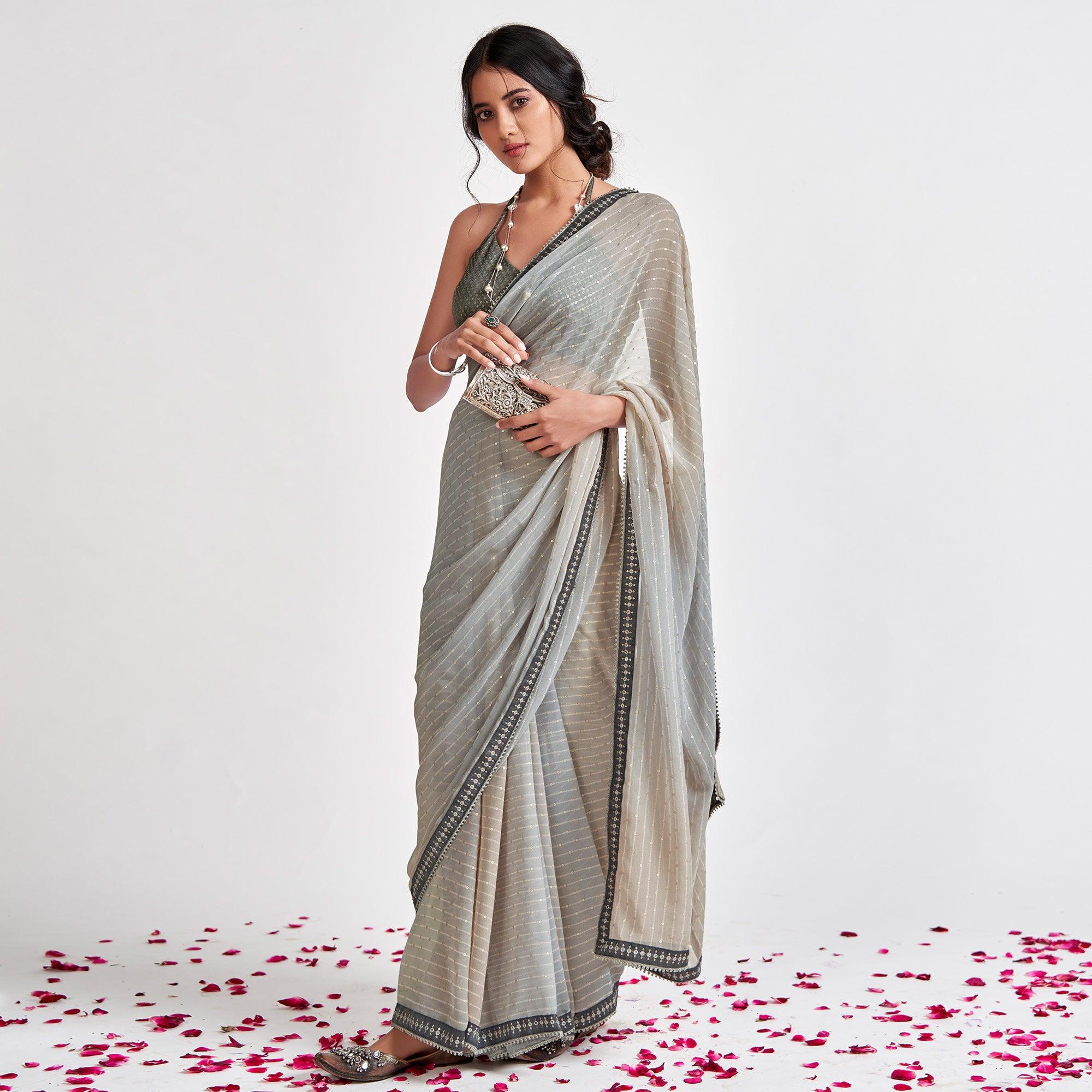 Grey Partywear Sequence Foil Printed Georgette Saree - Peachmode