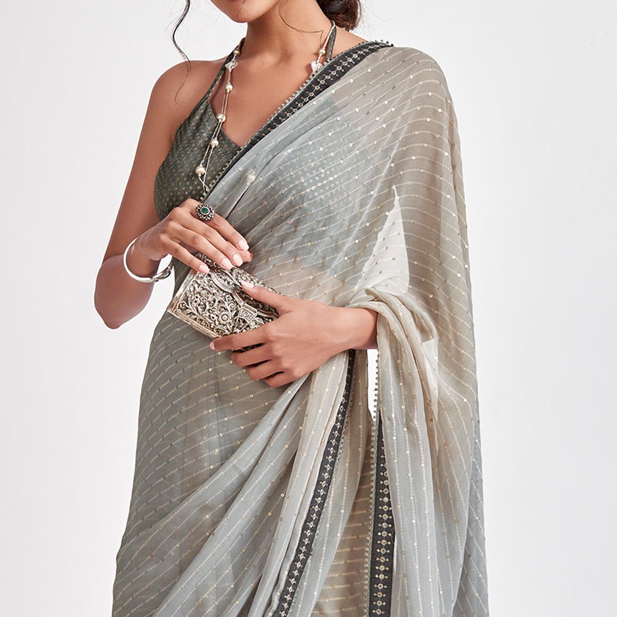 Grey Partywear Sequence Foil Printed Georgette Saree - Peachmode