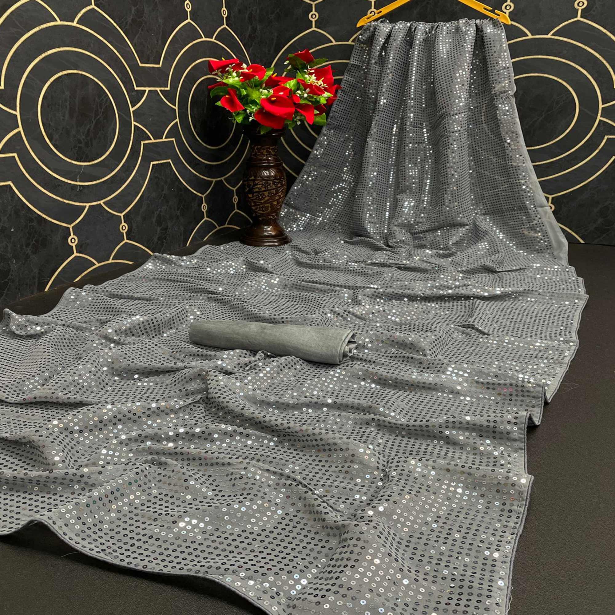 Grey Partywear Sequence Work Georgette Saree - Peachmode