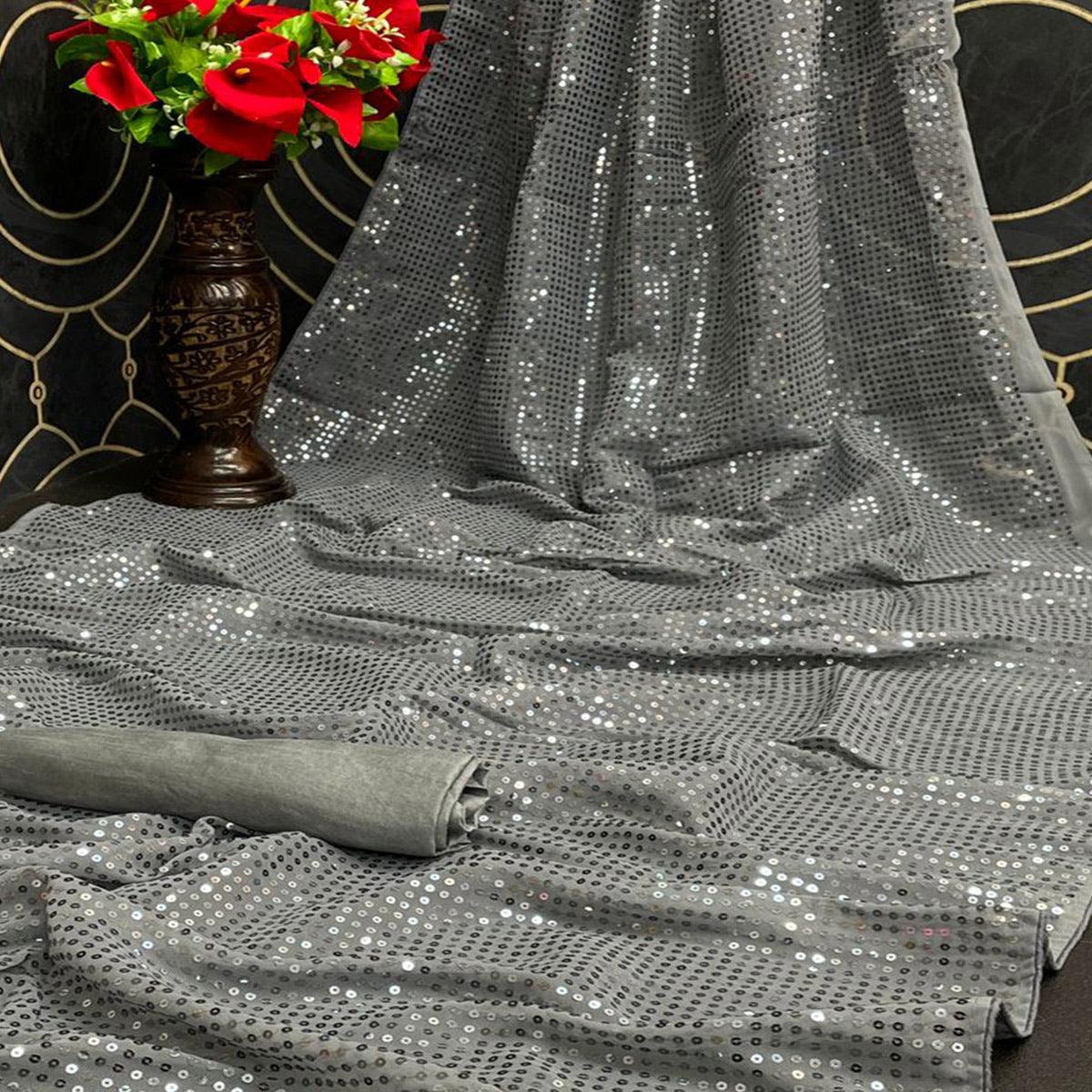 Grey Partywear Sequence Work Georgette Saree - Peachmode