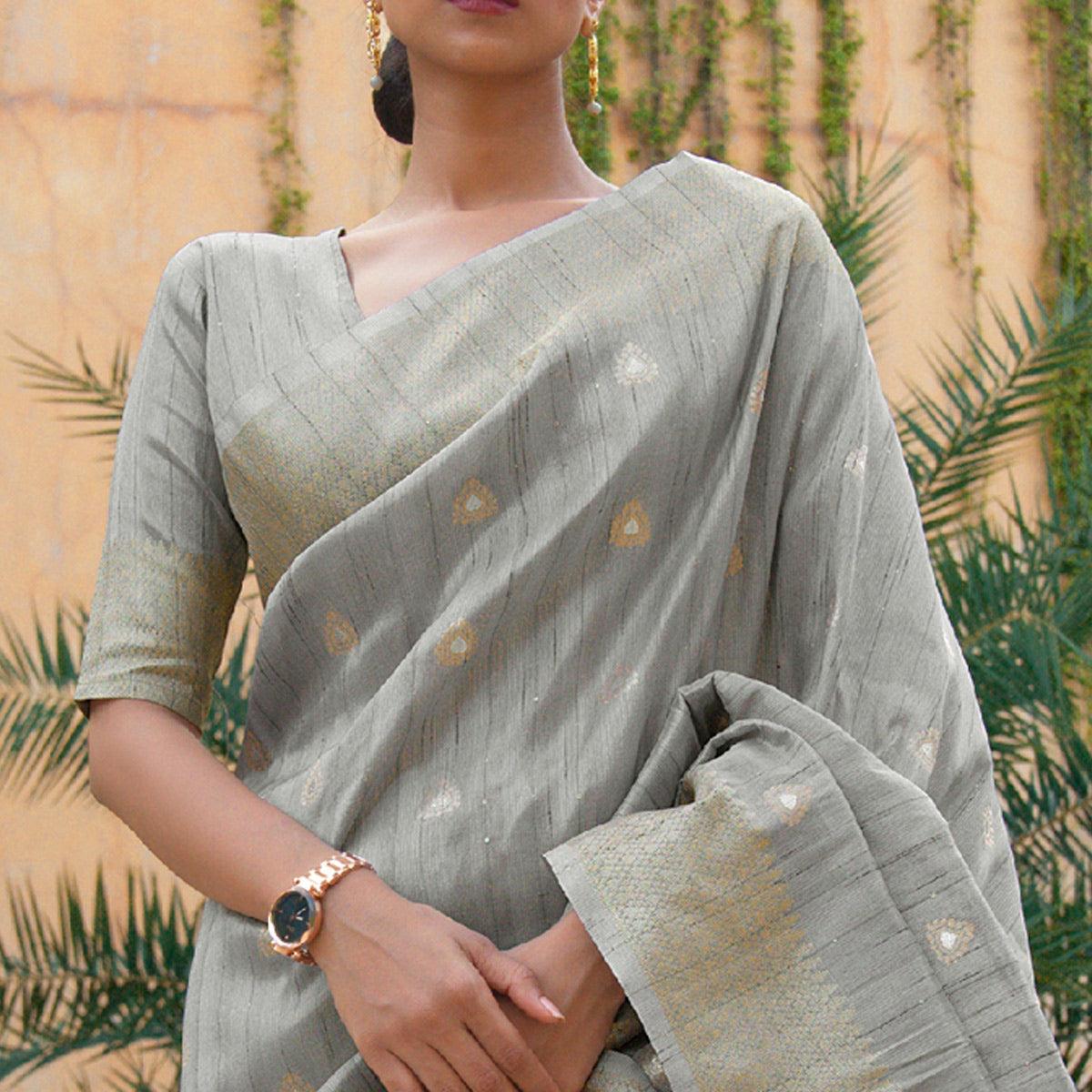 Grey Partywear Sequence Woven Silk Saree - Peachmode