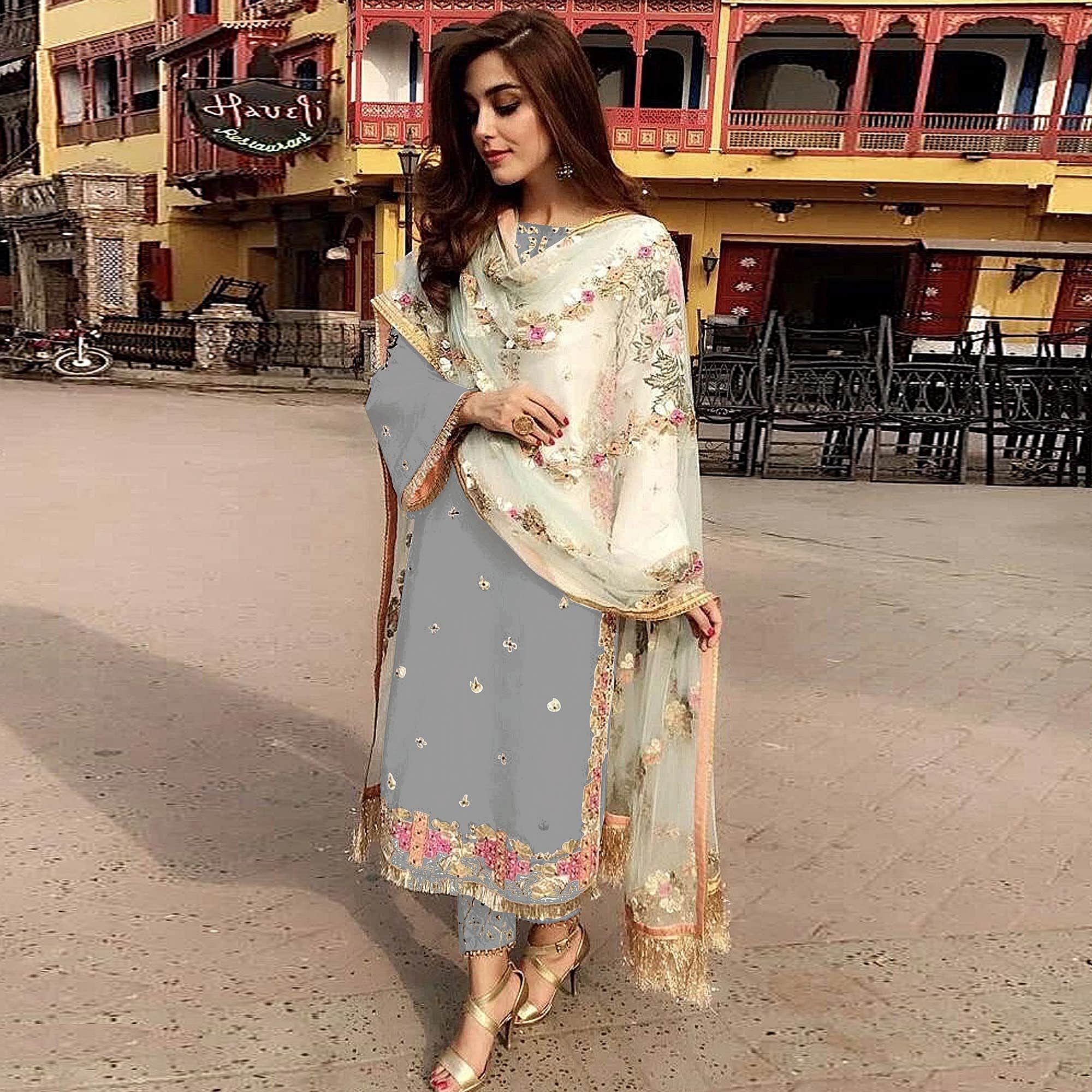Grey Partywear Straight cut Style Embroidery and Moti Work faux Georgette Salwar Suit - Peachmode