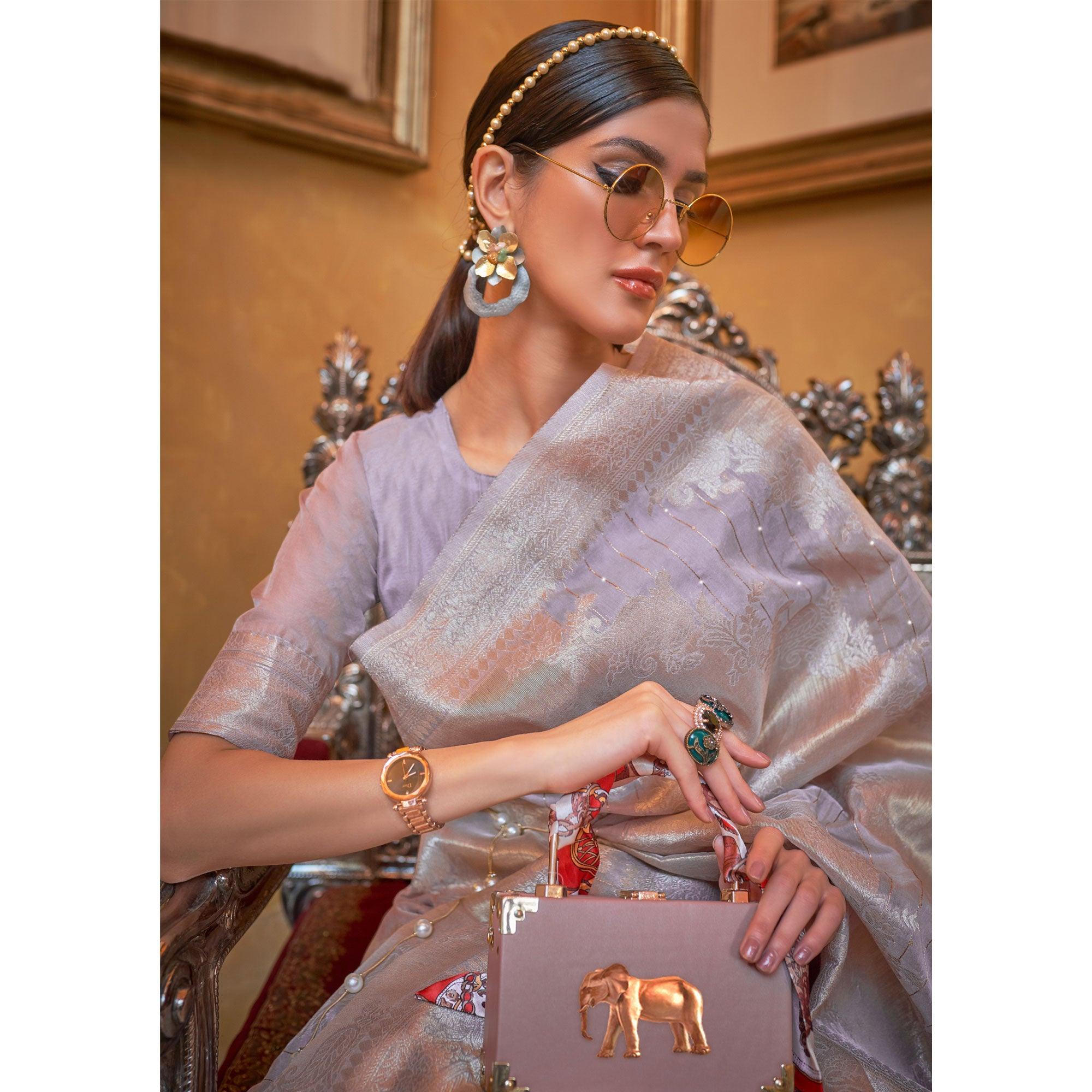 Grey Partywear Wear Woven Chanderi Saree - Peachmode