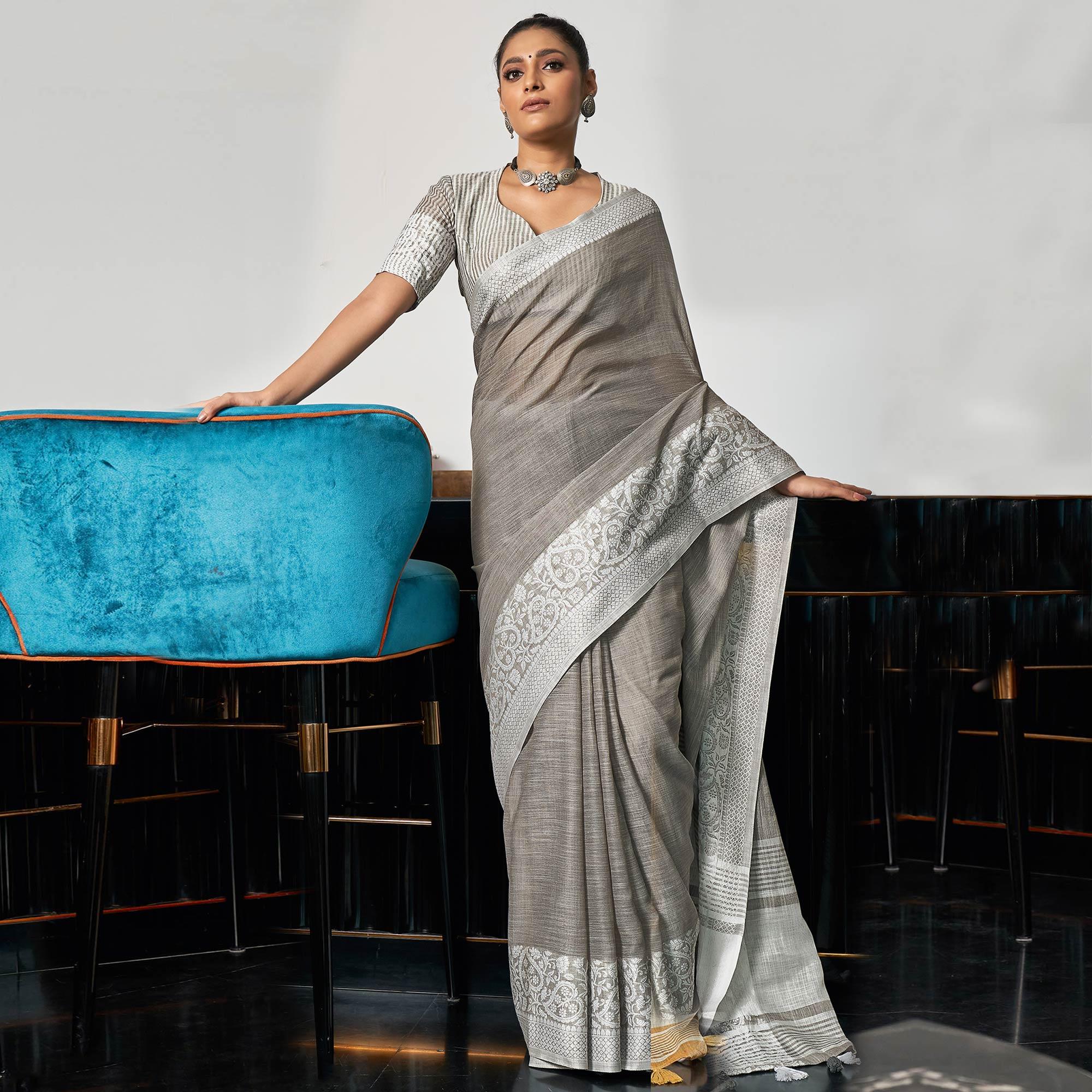 Grey Partywear Woven Linen Saree - Peachmode