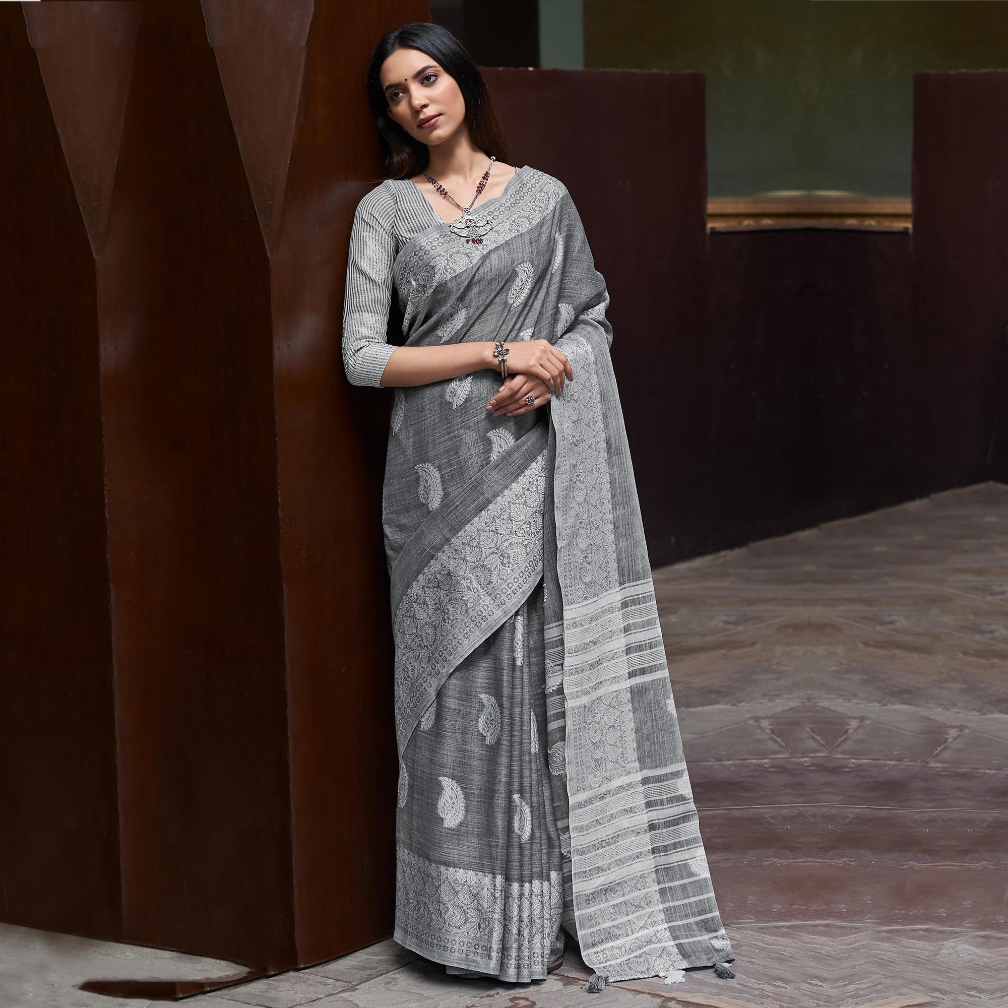 Grey Partywear Woven Linen Saree - Peachmode