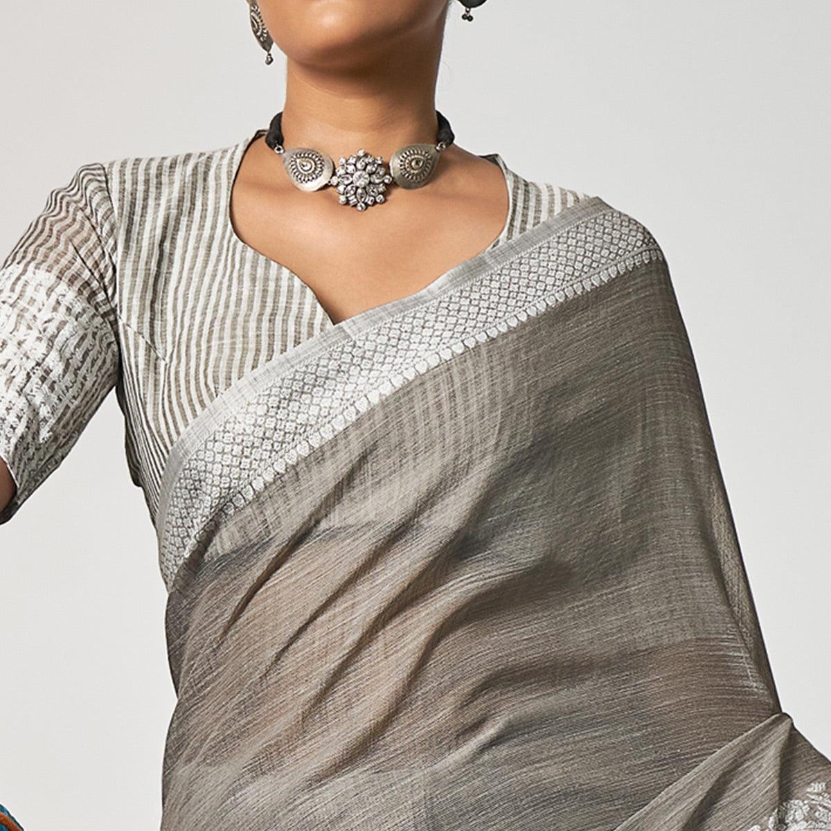 Grey Partywear Woven Linen Saree - Peachmode