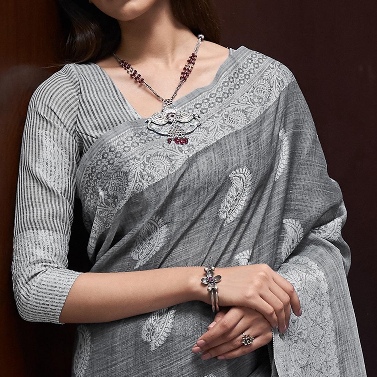 Grey Partywear Woven Linen Saree - Peachmode